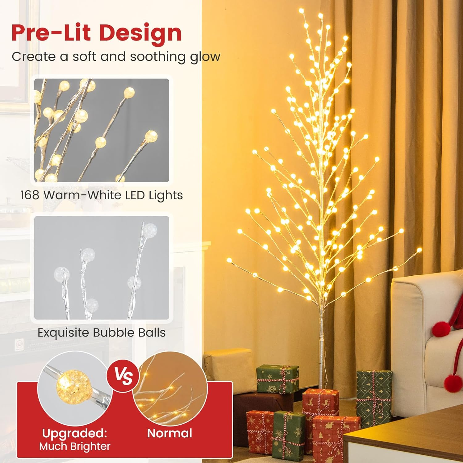 Costway 155 CM Lighted Birch Tree, Artificial Christmas Twig Tree with 168 Warm-White LED Lights, Metal Stakes, Indoor & Outdoor Christmas Holiday Party Decor, Xmas Birch Tree for Porch Home Store image number 1