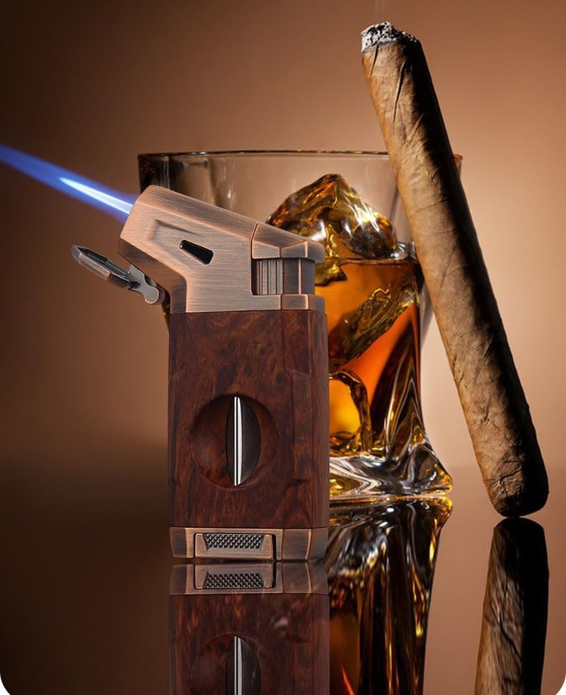 Butane Torch Lighter with V Cutter,Adjustable Cigar Torch Refillable Lighter Butane Double Jet Flame,Windproof Lighter,Adjustable Refillable Butane Lighter Gifts for Men(No Gas) (Brown)