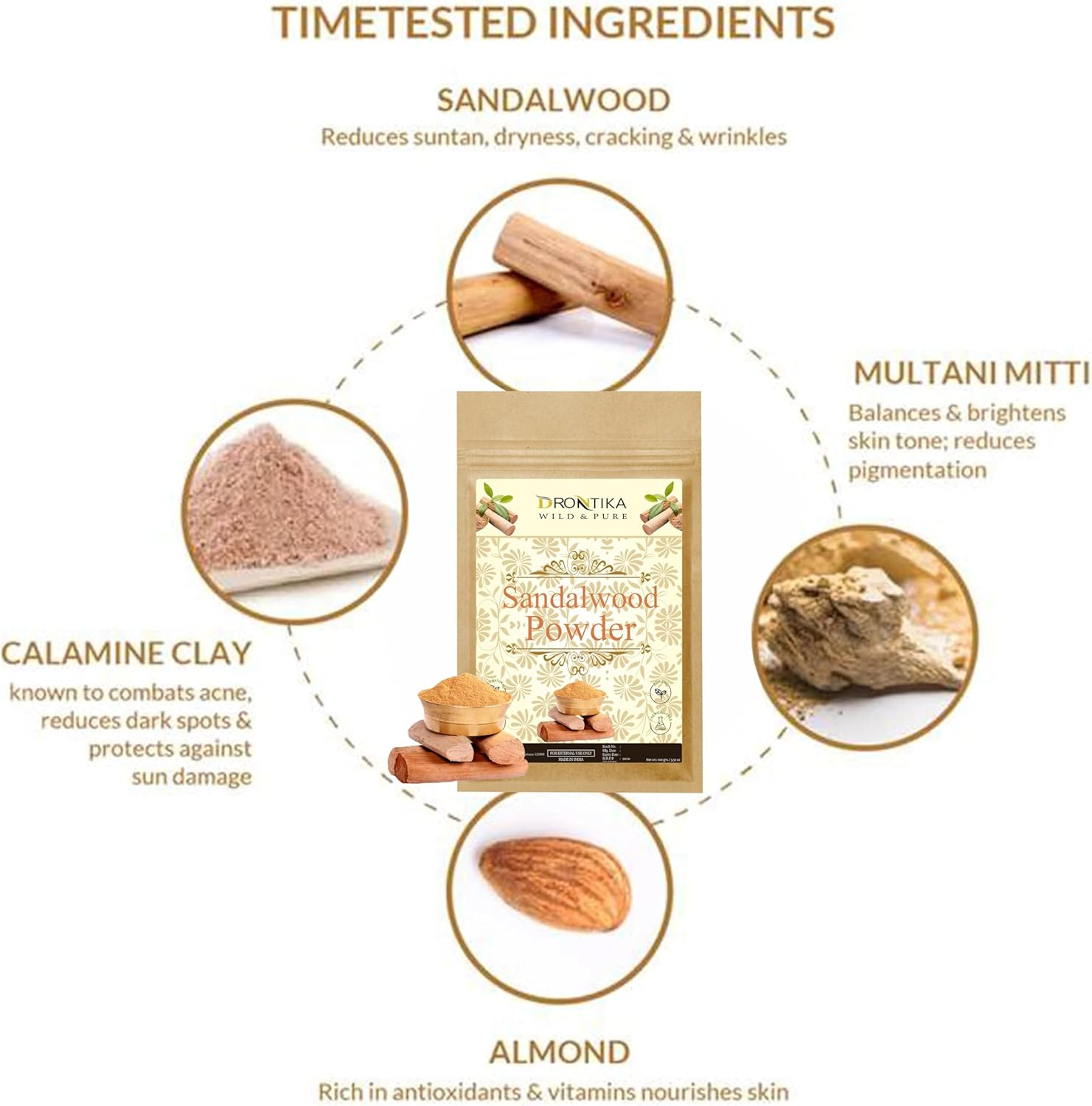 Drontika Sandalwood Face Pack Powder Santalum Album, Chandan Powder for Face and Skin Care, (Face Glowing & Tan Removal Face Pack 100Gm) Ayurvedic & Herbal image number 2