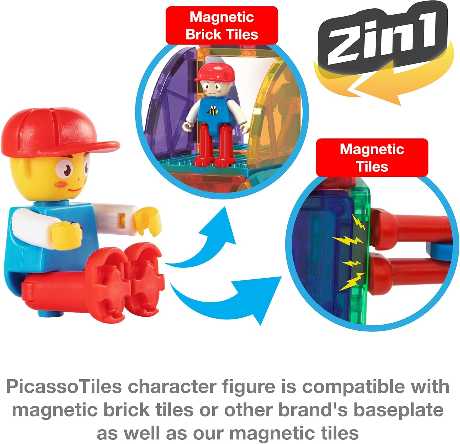 Picassotiles 353Pcsmagnetic Brick Tile and Magnetic Tile Combo Set, Action Figures Included, Building Blocks STEM Toys, Educational Montessori Preschool Toddler Classroom Learning Toys, Kids Activity image number 2
