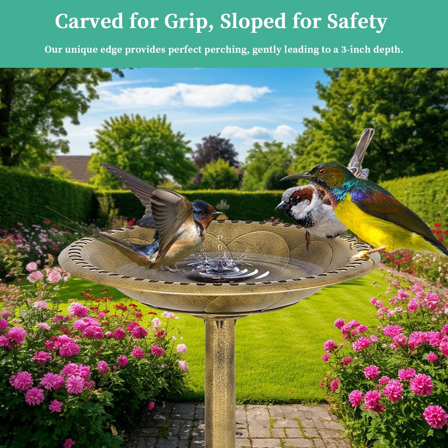 Antique Style 23.2" Tall Bird Bath - Lightweight Resin Base Bird Feeder with Gold Decorative Finish and Anti-Tip Design for Patio or Garden Use image number 2