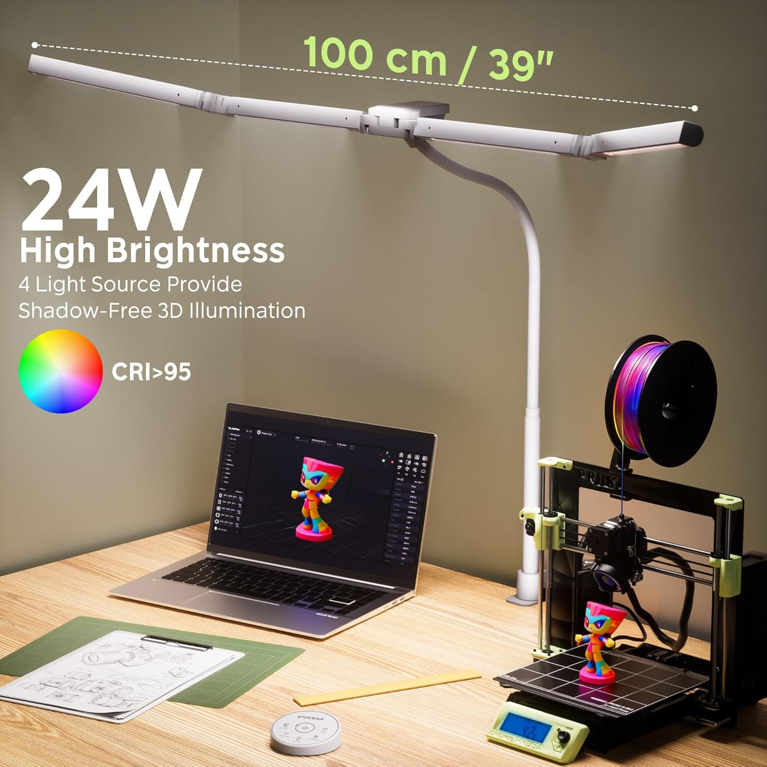 EYOCEAN Desk Lamp, Desk Lamp with 4 Light Sources, 24 W 100 Cm Daylight Lamp Desk with Remote Control, Dimmable Monitor Lamp, Gooseneck Office Table Lamp, Eye Protection PC Lamp image number 3