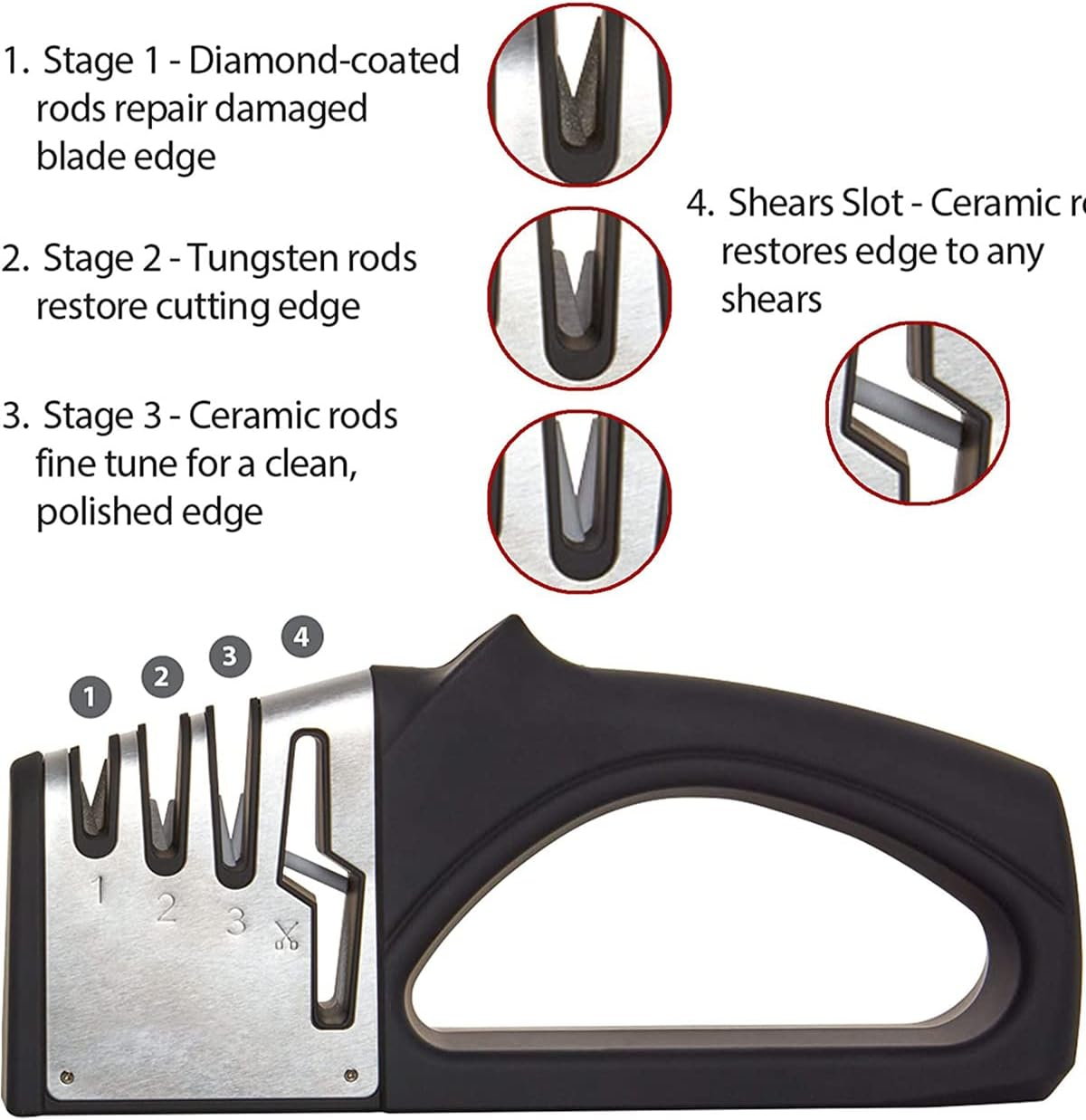 AVITONG Knife Sharpener - 4 in 1 Kinfe & Scissors Sharpener - Kitchen Multi-Function Quick Sharpener - Sharpening, Stone Household Manual Sharpening Artifact Outdoor Diamond Tungsten Steel - Black