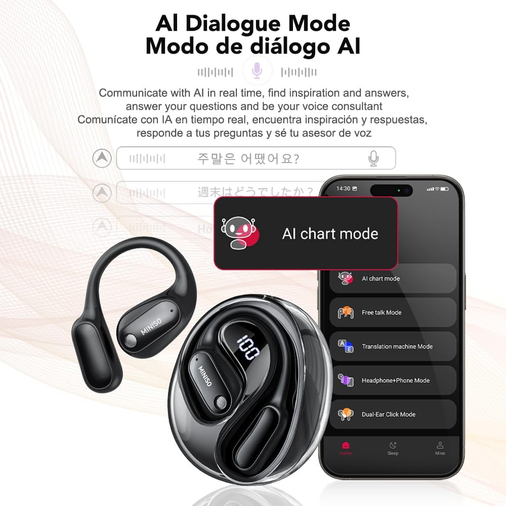MINISO MS190 AI Translation Earbuds Real Time, 135 Language Translator Earbuds with APP, Open Ear OWS Translating Headphones, Audifonos Traductores Ingl&eacute;s Espanol Fit Ios and Android image number 5