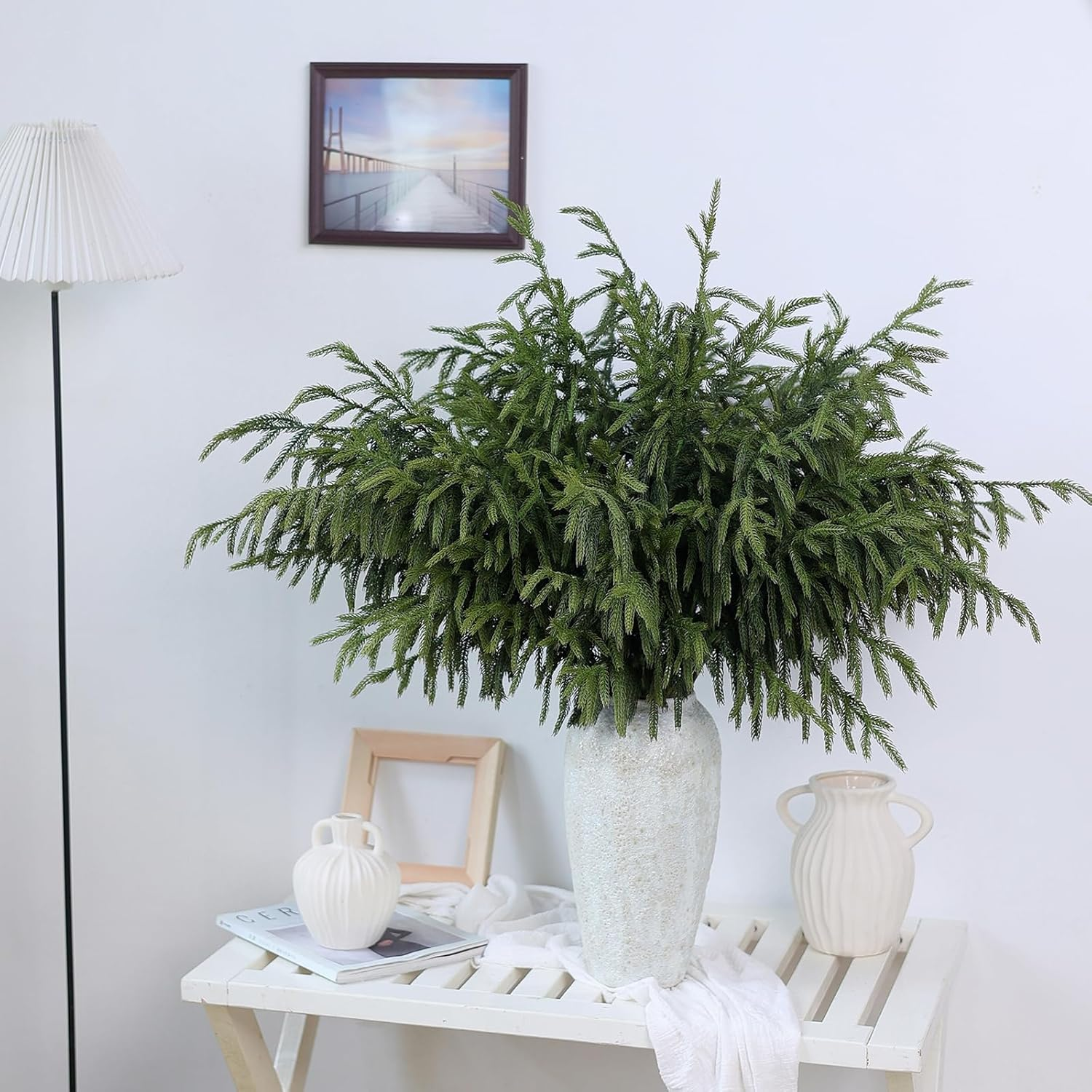 YXZZWL 8 Pcs Christmas Norfolk Pine Branches, 36 Inch Real Touch Artificial Norfolk Pine Branch Faux Cedar Pine Stem Fake Greenery Pine Picks for Vase DIY Garland Wreath Home Garden Decoration image number 6