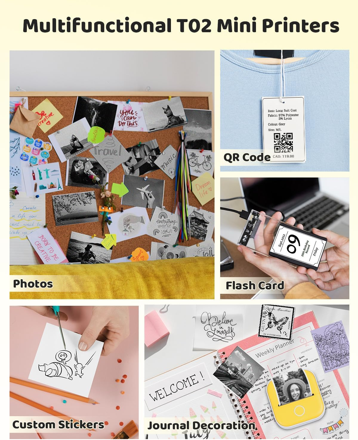 Mini Sticker Printer, T02 Print Pods Mini Printer, Sticker Maker Machine with 1 Roll Paper, Bluetooth Thermal Inkness Sticky Note Maker for Sticky Scrapbook, Journal, Note, Diagrams