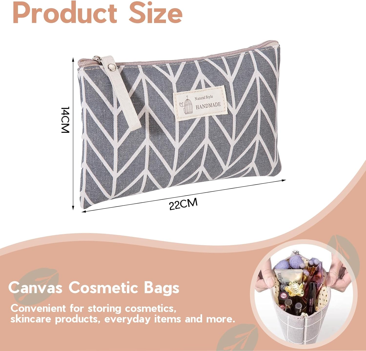 VEGCOO 4 Pcs Canvas Cosmetic Bag, Printed Makeup Bag for Women Girls, Multifunctional Travel Accessories Toiletry Bag for Gift Travel Daily Use, Grey, Refreshing image number 5