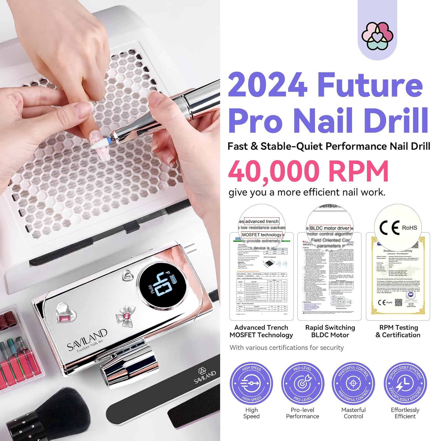 SAVILAND Electric Nail Drill Professional: 2024 Pro Future Tech 40000RPM Nail Drill Kit E File for Acrylic Nails Gel Polish Rechargeable 6000Mah Portable Nail Filer Drill Bits Salon image number 2