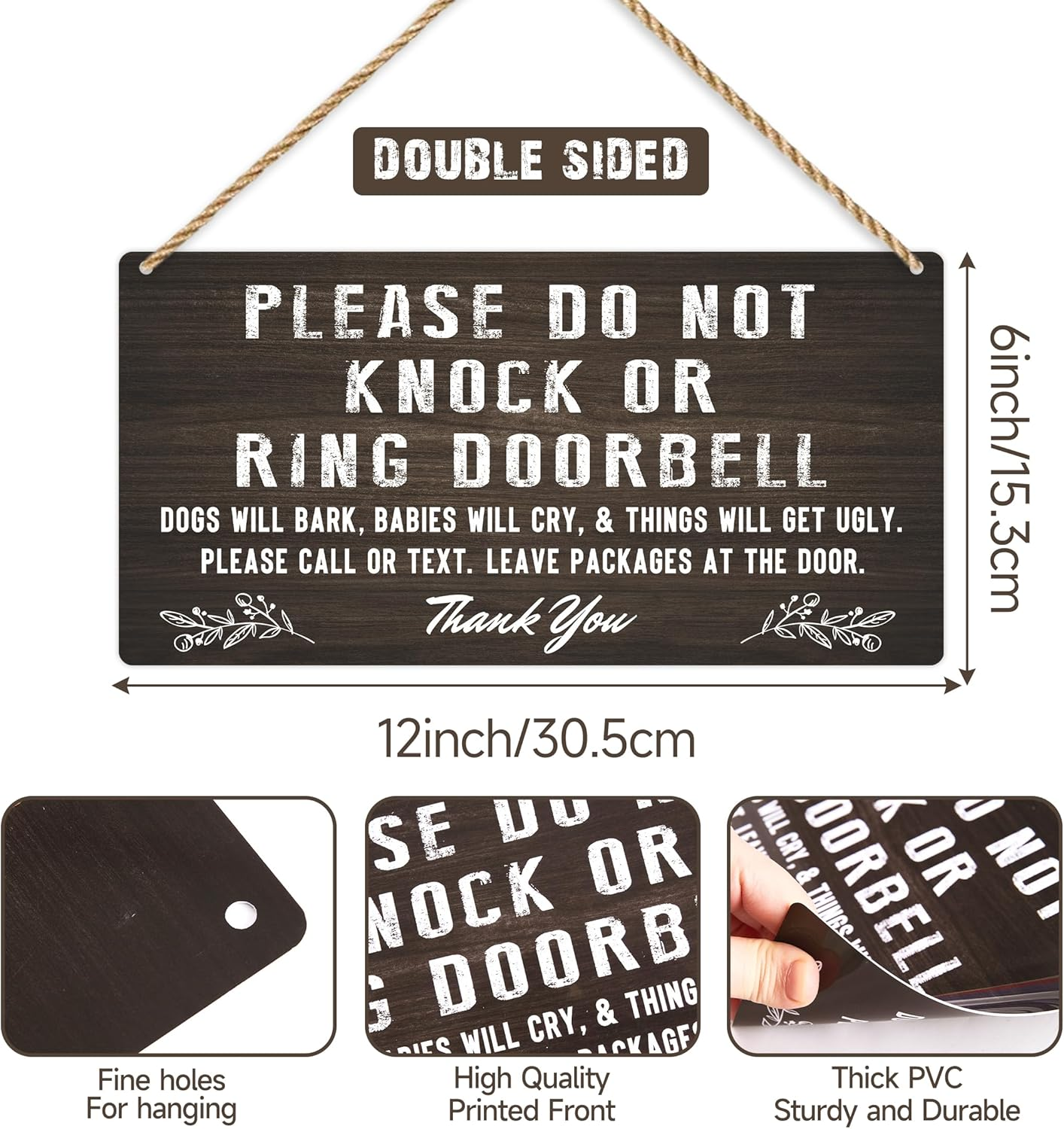 Do Not Knock Baby Sleeping Sign for Front Door, Double-Sided PVC Rustic Please Do Not Ring Doorbell No Soliciting Hanging Sign for Home, House, Office, Business（Without Ropes） image number 1