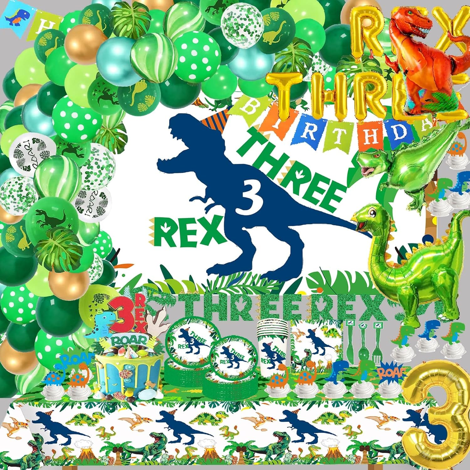 Three Inspired Rex Plates, Napkins and Cups - 130Pcs Dino Birthday Party Decorations - Dinosaur Party Supplies for 3 Year Old Boy - Serve 30 Guests image number 5