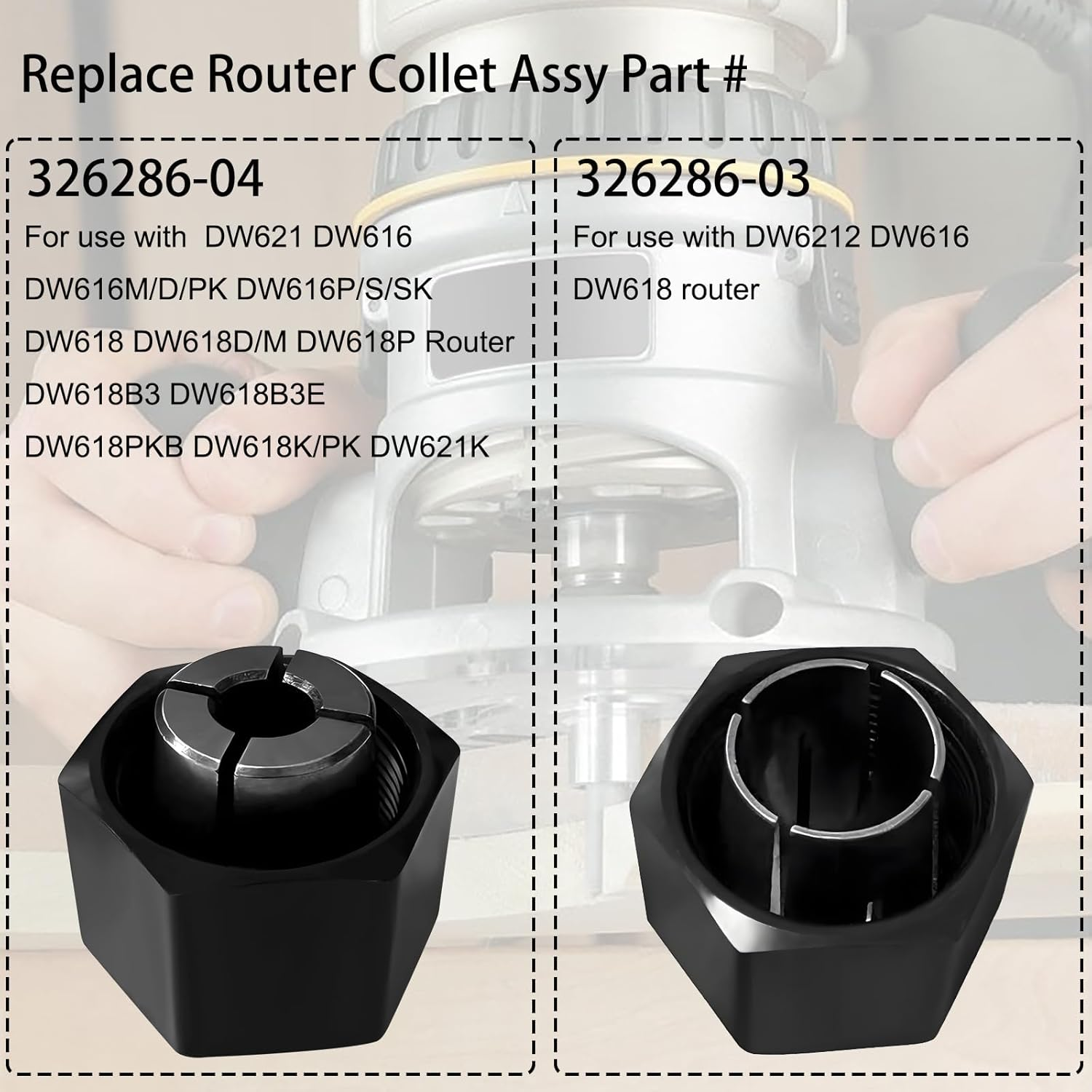 1/2" and 1/4" Router Collet for Dewalt DW621 DW616 DW618 Dw622 Dw626 Router, for Bosch 1617, 1617EVS, 1618, 1618EVS, 1613, 1613EVS, 1613AEVS Router Part No. 326286-03, 326286-04, 2610906283,2610906284 image number 2