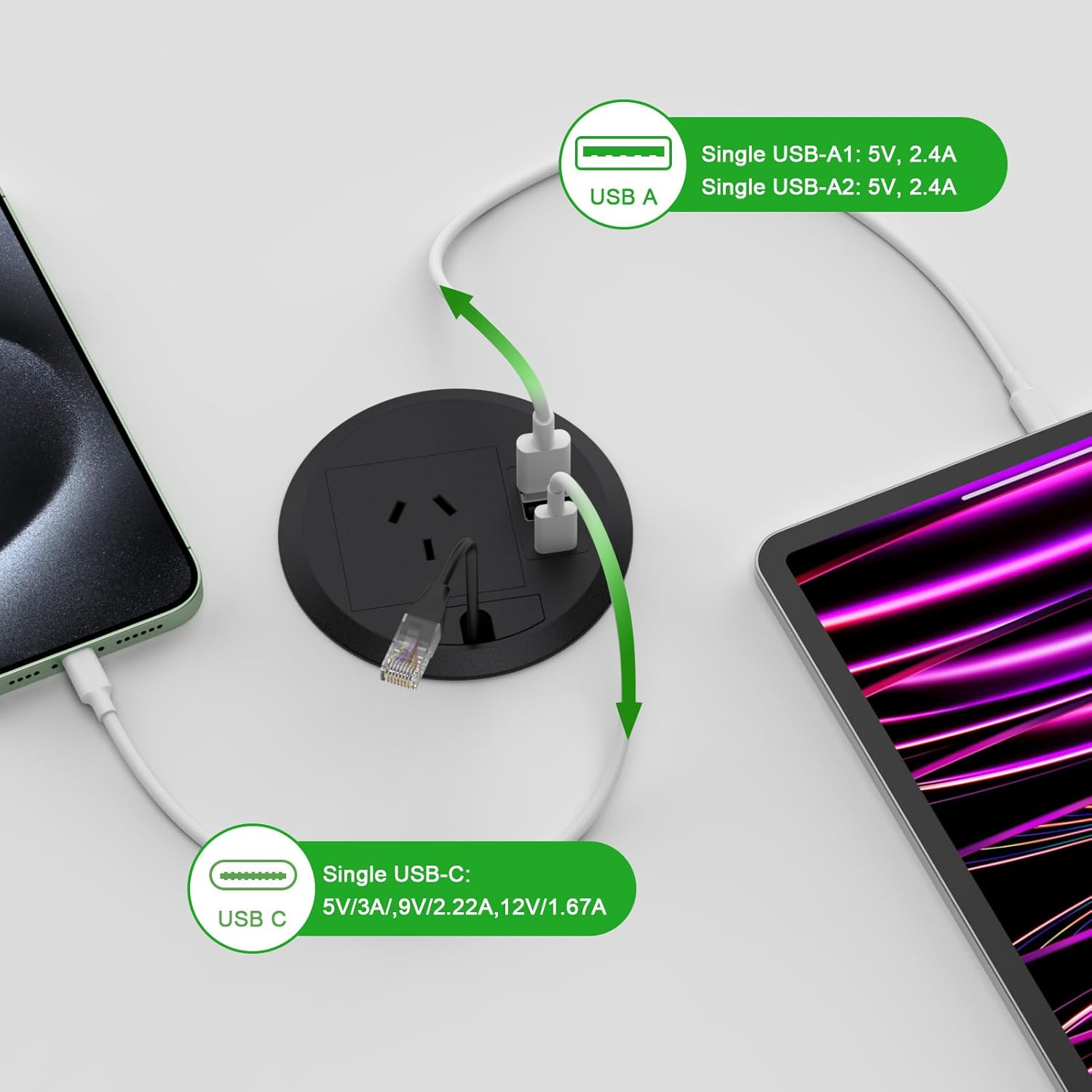 Desk Power Grommet, Haiaoyyds Recessed Power Board with AC Outlets, PD 20W USB C Port, 2 USB a Ports, 2M Cable, 80Mm Hole Grommet, Furniture Power Board for Home Office Workshop, Black image number 5