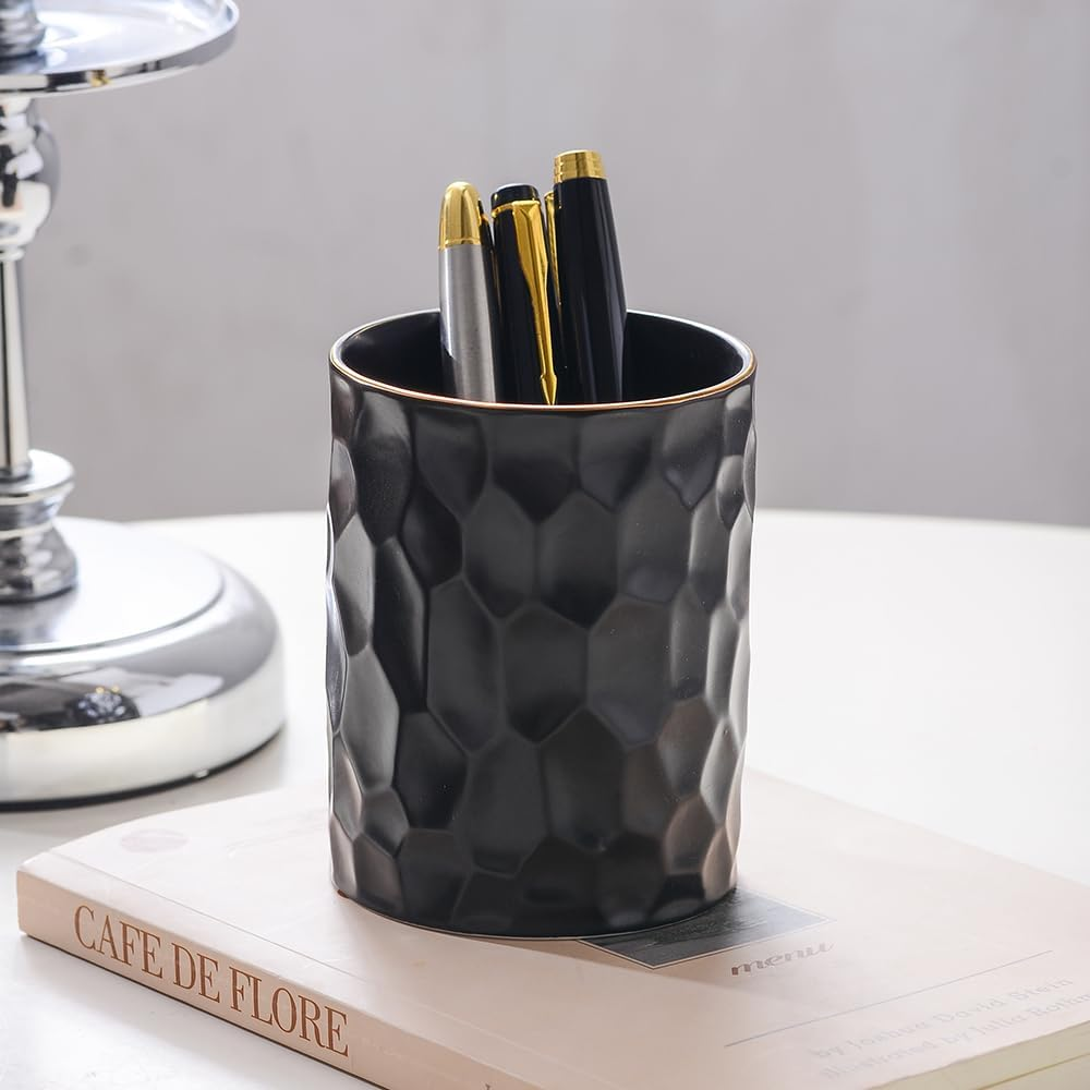 YOSCO Desk Organizer Set of 2 for Office, Ceramic Pen Holder and Paper Clip Holder, Cute Pencil Cup Pot for Desk, Paper Clip Dispenser for Desktop, Makeup Brush Holder, Ideal Gifts (Black Set) - Black Set image number 2