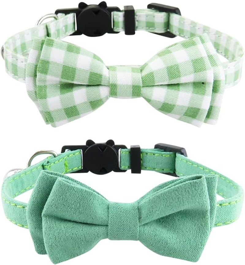 2 Pack Cat Collar with Bow Tie Solid Color Plaid Christmas Cute Kitten Collar Adjustable Soft Elegant Kitten Collar Small with Bell Green image number 1