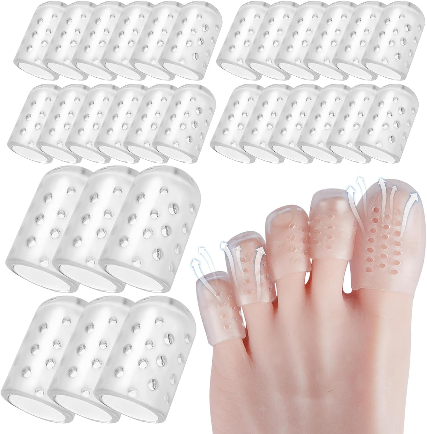30 Pcs Anti-Friction Silicone Toe Protector, Breathable Soft Clear Gel Toe Covers Caps Guards for Men Women, Toe Sleeves for Corns, Blisters and Pain Relief, 6 Pcs Big Size + 24 Pcs Little Size image number 4