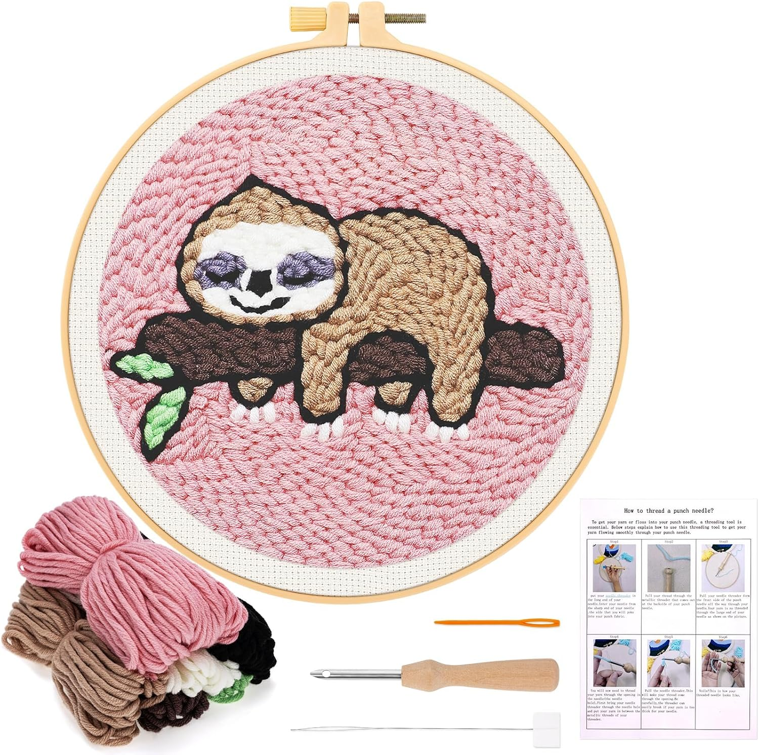 Punch Needle Kit for Beginners Starter Sloth Pattern Handcraft DIY Embroidery Craft with Instructions Hoop for Adults and Kids Festival Gift and Decoration image number 4