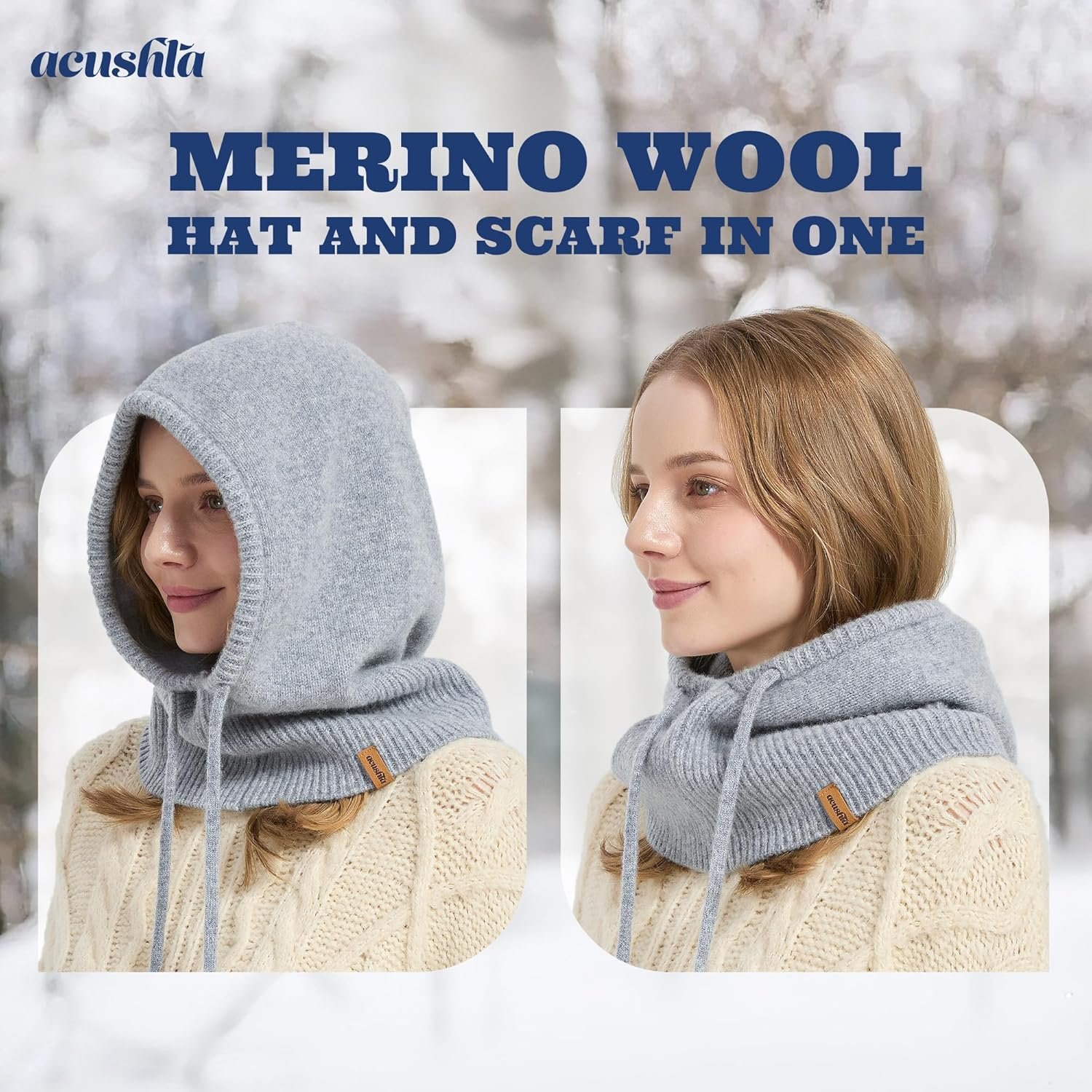 ACUSHLA 100% Merino Wool Balaclava for Women & Men Winter Warm Knit Hooded Scarf Hoodie Hat and Scarf Set in One - Coffee image number 7