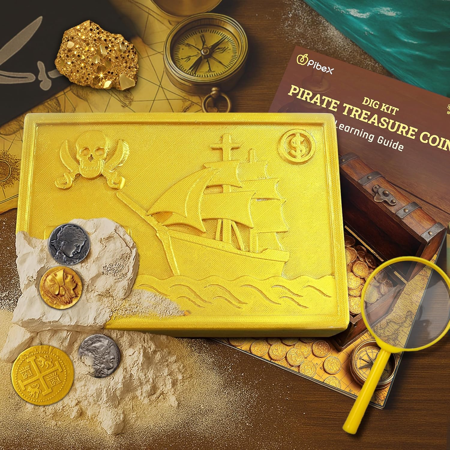 PIBEX Pirate Treasure Coins Dig Kit &ndash; Dig & Collect 16+ Ancient Metal Coin Replicas, Fool&rsquo;S Gold & Pirate Charms &ndash; STEM Archaeology & Necklace Making Kit, Coin Collecting Gift Toy for Kids Ages 6+ image number 4