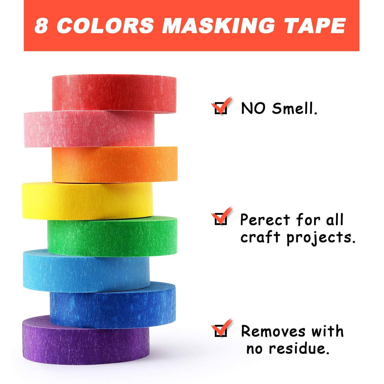 Painters Tape, Colored Masking Tape 8Pcs Rainbow Colors Rolls,Colored Tape Kids Art Supplies, Great for School, Office, Home, Crafts, Labeling, DIY Decorative, 0.5 Inch X 3.3 Yards (1.3Cm X 1M) image number 1