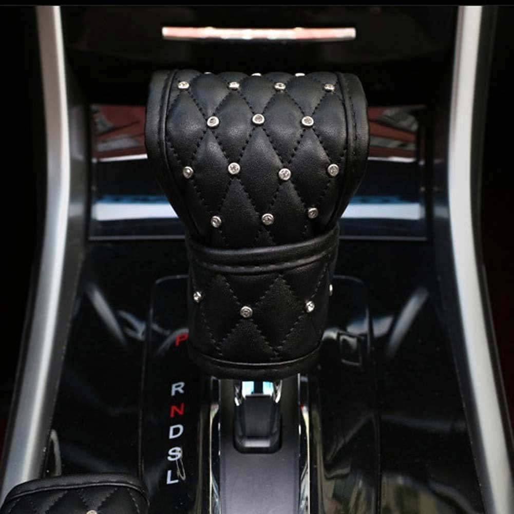 Uphily Black Leather Automotive Gear Shift Knob Cover - Car Interior Accessories Gear Shifter Cover with Bling Diamond Crystal Rhinestones for Women or Girls - 2.1 Crystal image number 2