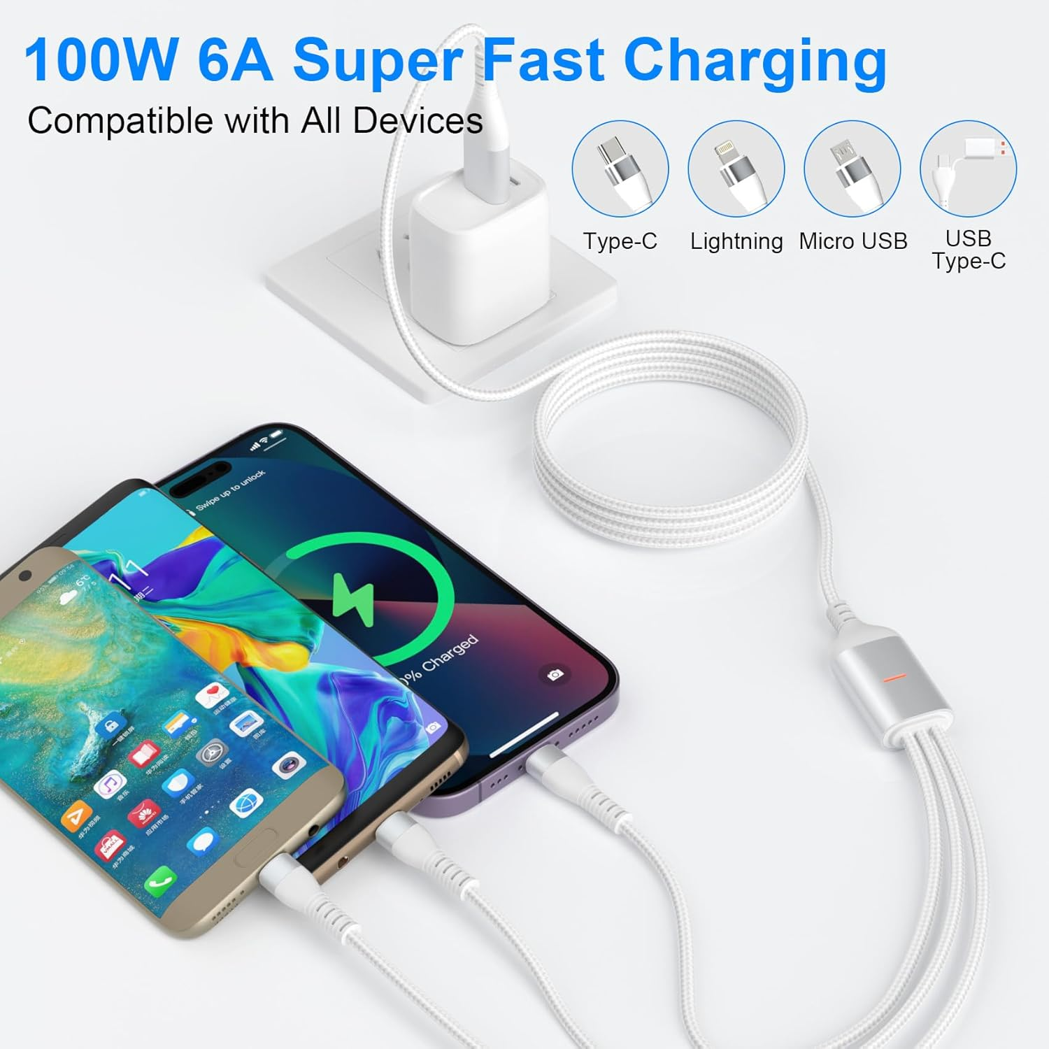 Pubiohs 3M Braided Long 3 in 1 Multi Charging Cable - 100W PD Fast Charger Cable with USB-A/USB-C Inputs + Lightning/Usb-C/Micro USB Outputs for Iphone 16/15/14, Ipad, Galaxy, 100 Watt Laptop image number 1