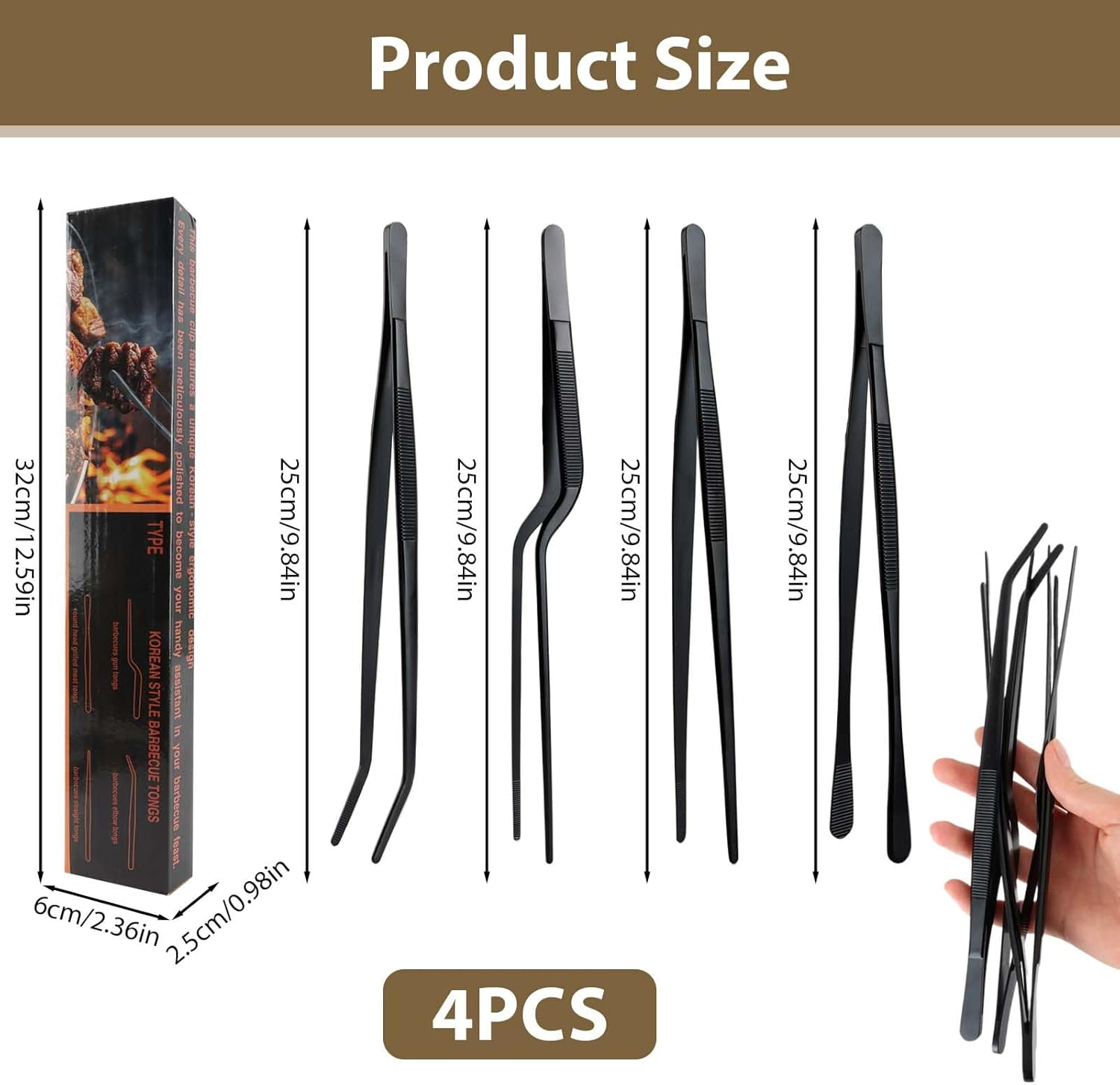 4 Pcs Kitchen Fine Tweezer Tongs Set, 12" Extra-Long Stainless Steel Food Tweezers, Professional Precision Cooking Tweezers for BBQ, Seafood, Baking, Garnishing & Repairing (Black) image number 3