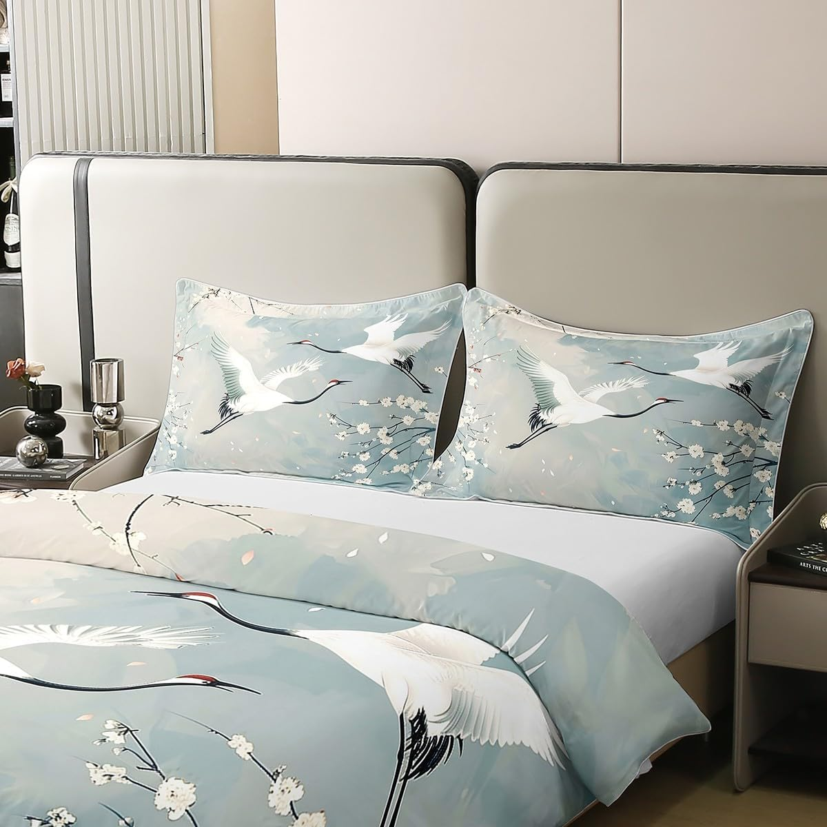 Japanese Crane 100% Cotton Duvet Cover for Children, Teenagers, Adults, Cherry Blossom Bed Linen Set, 200 X 200 Cm, Watercolour Floral Duvet Cover, Teal Gradient Bed Set with 2 Pillowcases, Bedroom image number 4