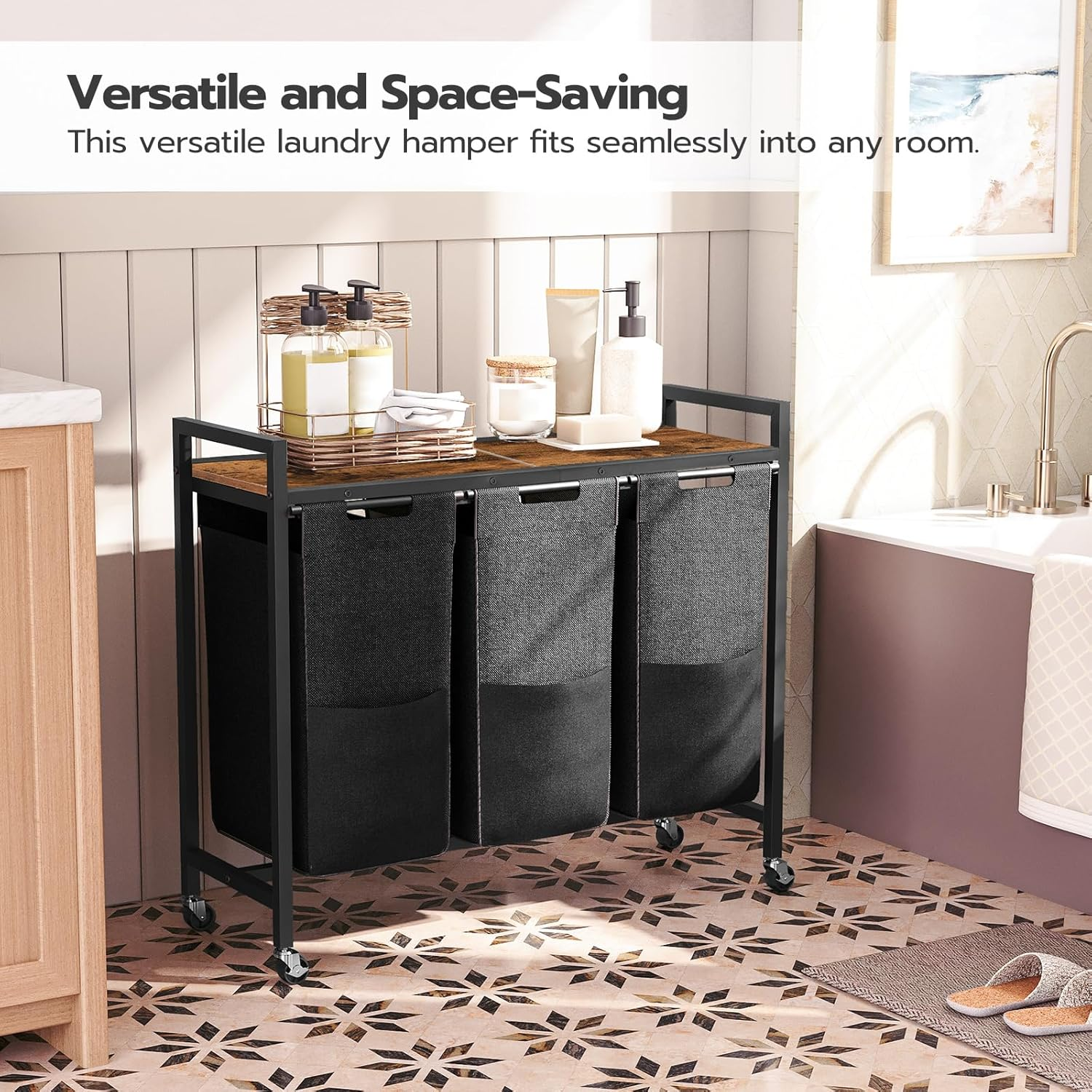 HOOBRO Laundry Sorter 3 Section,Rolling Laundry Hamper with Wheels, 3 &times; 11.5 Gal (43.5 L), Pull-Out and Removable Oxford Fabric Laundry Bags, Rustic Brown and Black BF76XY01