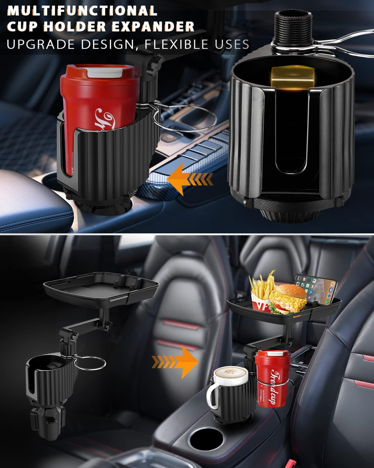 4-In-1 Car Cup Holder Expander Tray,Detachable Upgraded Large Car Food Tray Expandable Dual Cup with Phone Holder,360&deg;Rotation Adjustable Base,Road Trip Essentials Accessories for Drinking and Eating image number 6