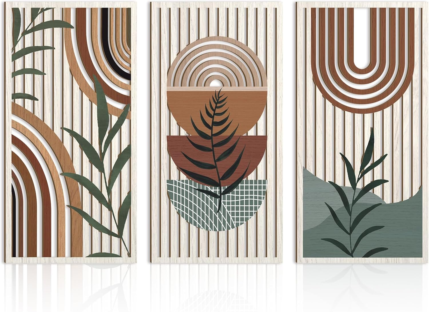 IARTTOP Green Boho Wall Art Set of 3 Large Geometric Wood Wall Art Mid Century Modern Artwork Neutral Abstract Bohemian Wall Decor for Living Room Bedroom Office-16 X 32 Inch
