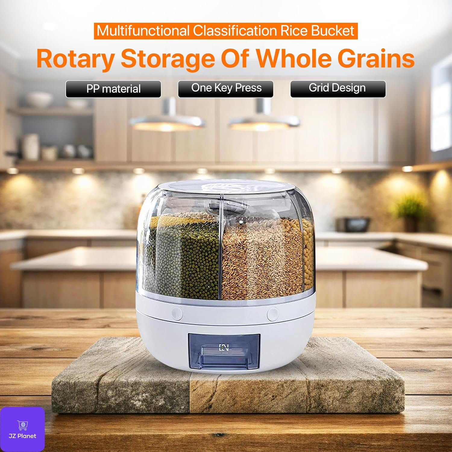 JZ Planet 6-Grid Rotating Food Grain Dispenser &ndash; 3.6L Airtight Dry Food Storage Container with One-Touch Release &ndash; White Bpa-Free Plastic Organizer for Cereal, Rice, Nuts, Snacks & Kitchen Pantry Use