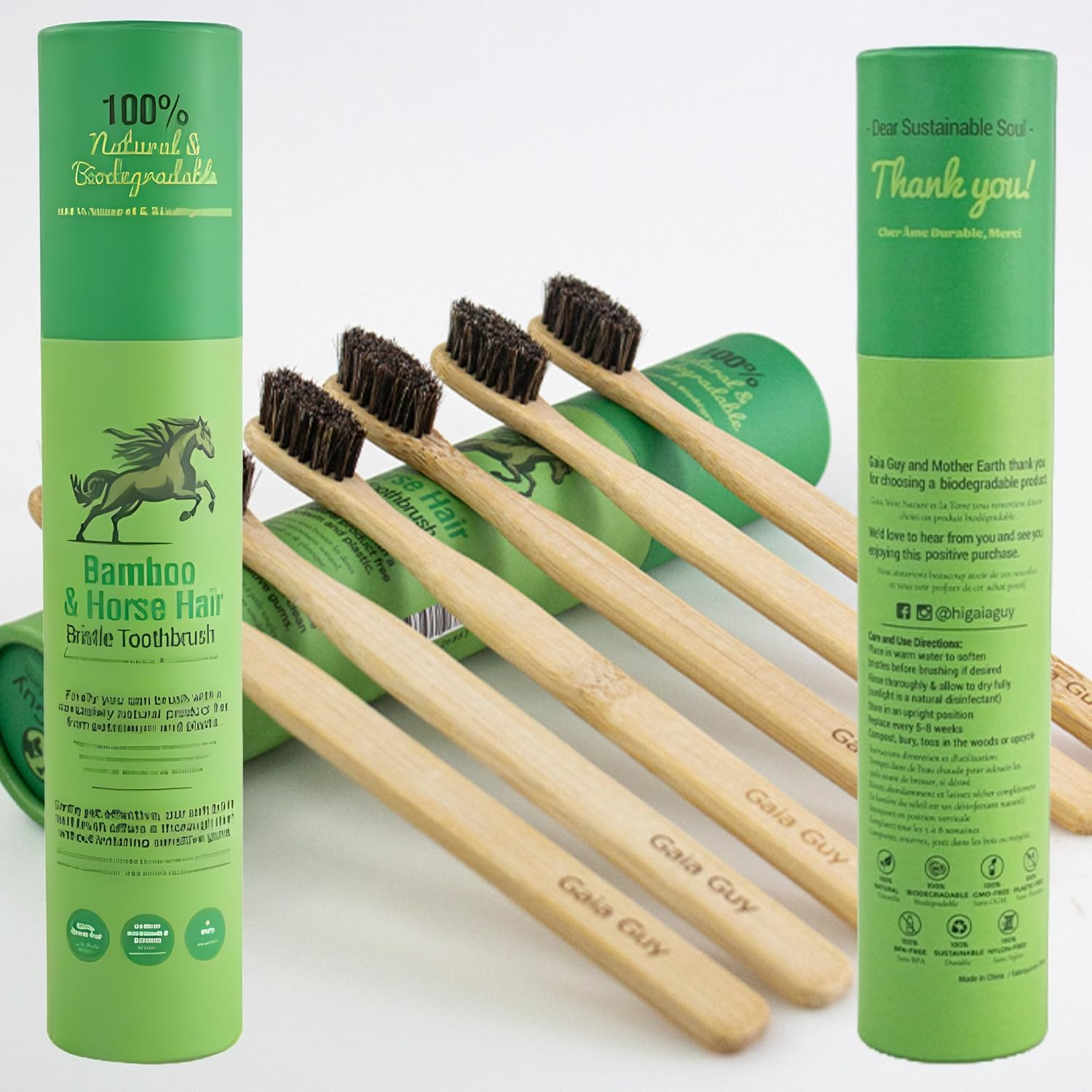 Gaia Guy Soft Natural Bristle Bamboo Toothbrush (NO Nylon - Horsehair ONLY) - Totally Compostable & Biodegradable Soft Horse Hair Bristle and Bamboo Toothbrushes - Zero Waste - 6-Pack image number 1