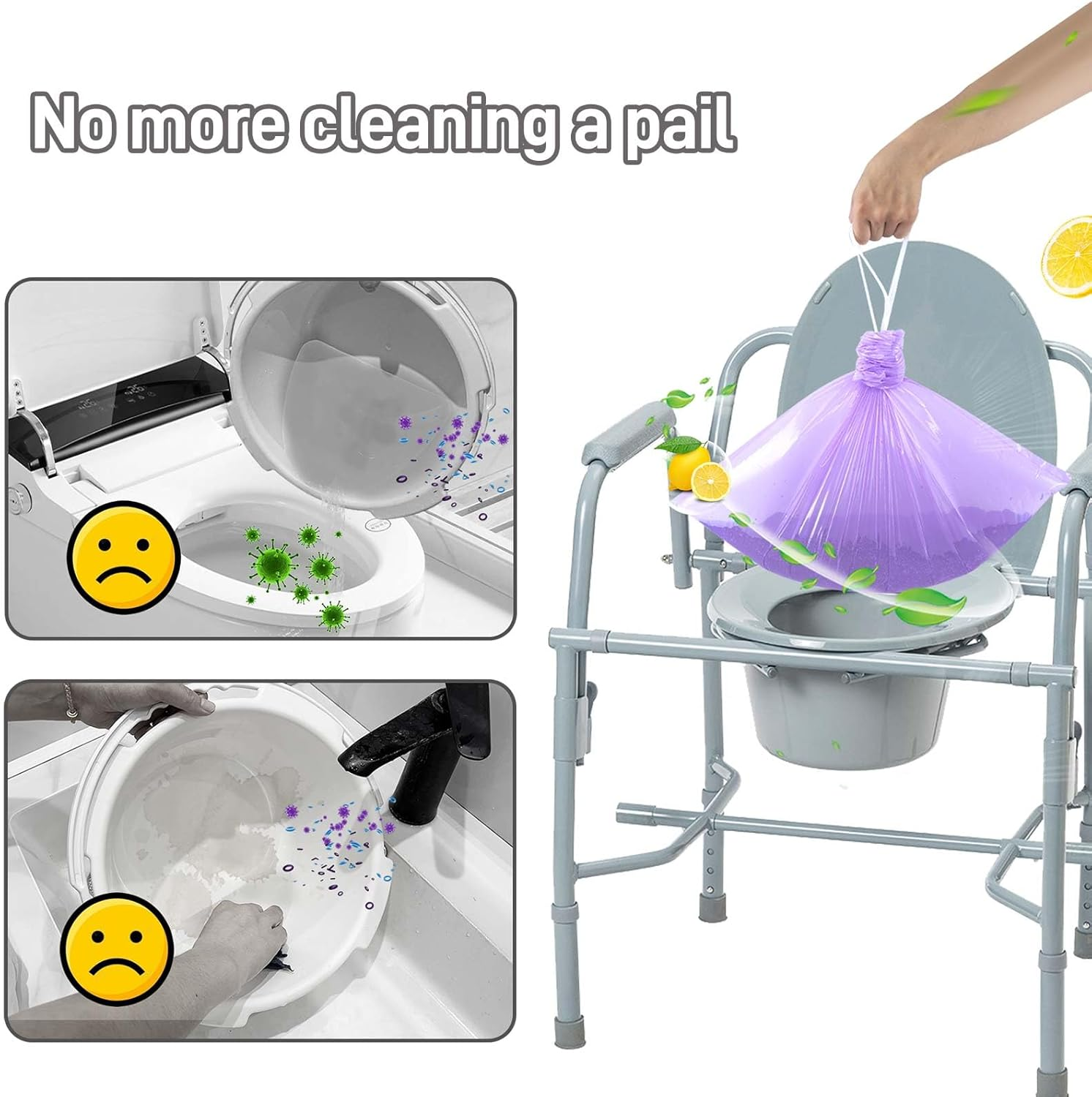 Commode Liners 120Pcs Strong Portable Toilet Bags Leak Proof Lemon Scented Toilet Liners Disposable Adult Universal Fit Most Standard Bedside Commode, Porta Potty, Camping Toilet, NO Pad