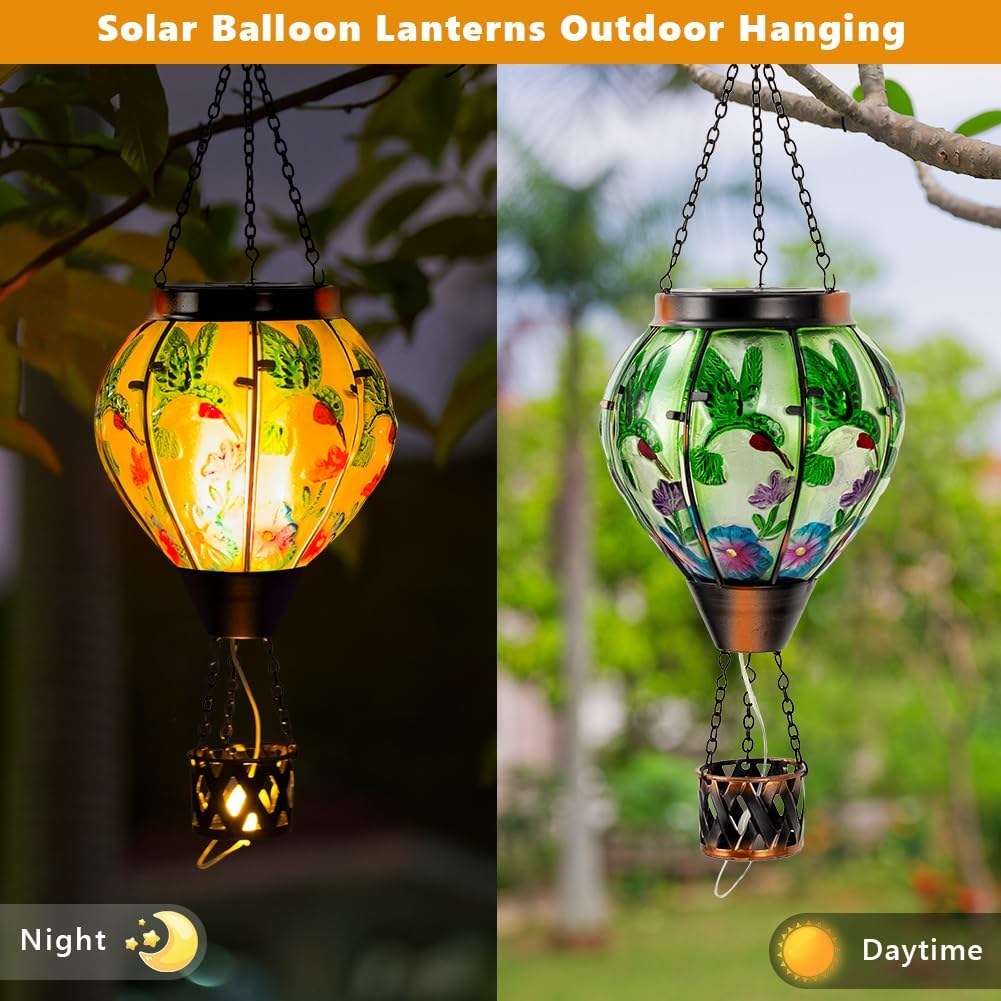 Starsoul Hummingbird Hot Air Balloon Solar Lantern with Candle Holder Glass Outdoor Solar Hot Air Balloon Flickering Flame Lamp Hanging Garden Light Waterproof for Lawn Porch Tree Yard Decorations - Purple-2Pc image number 4