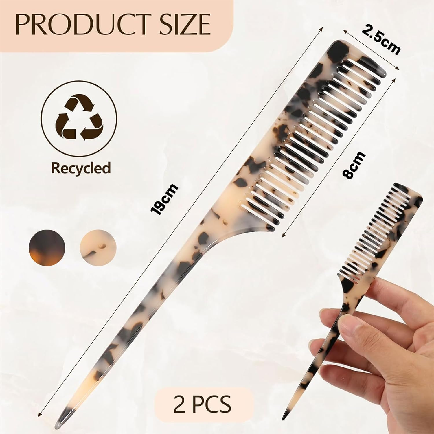 Muorruo 2-Pack Tail Combs for Women, Fine-Tooth Hair Comb for Parting and Teasing, Hair Styling Tools for Braiding, Eco-Friendly Comb Made from Recycled Cellulose Acetate image number 4