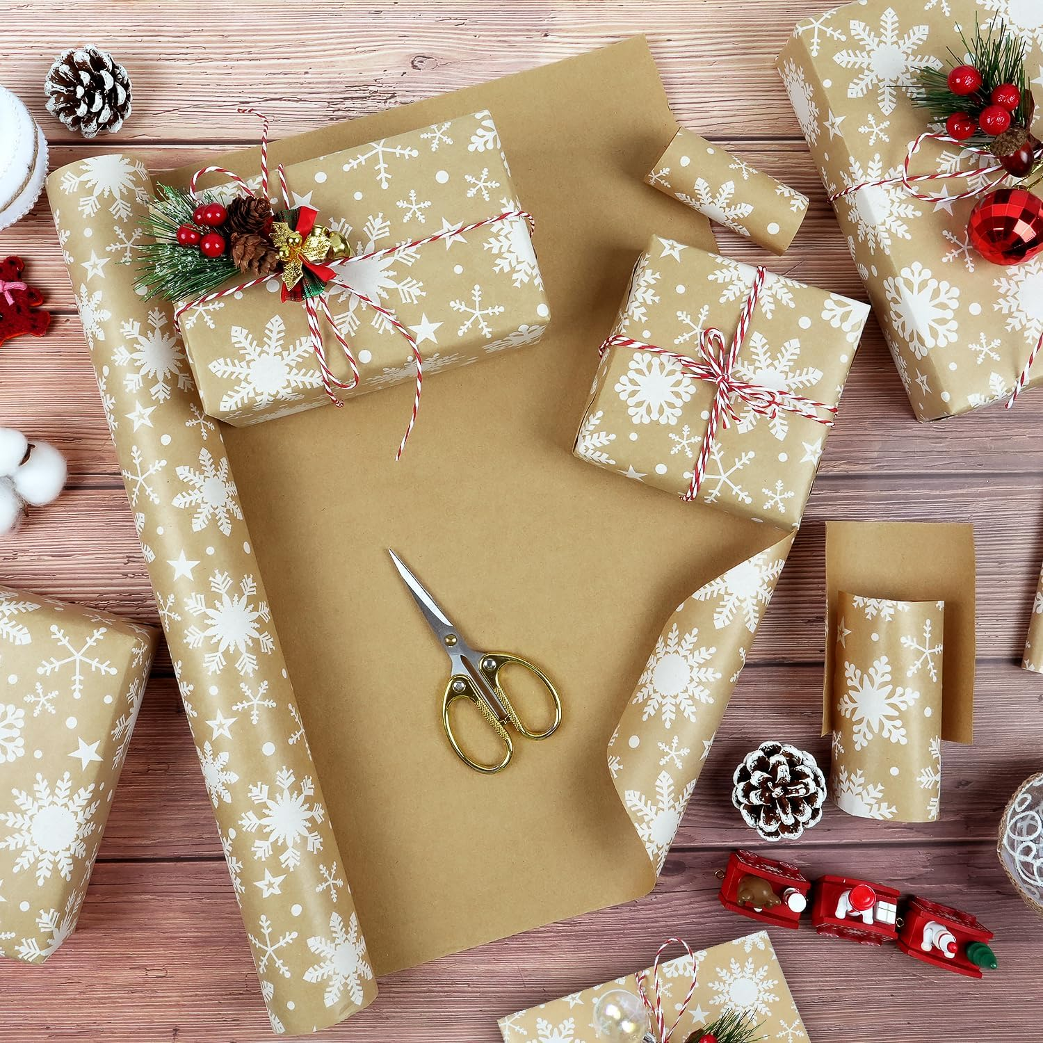MAMUNU Christmas Wrapping Paper Roll - Vintage Brown Kraft Gift Paper with Snowflake Design - Gift Wrap for Christmas Holiday Birthday Party - Great for Girls Boys Women Men - 17Inch X 49Feet image number 5