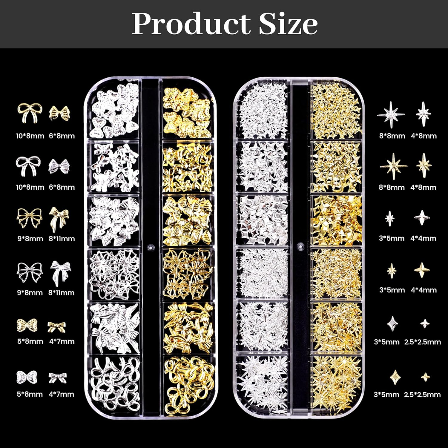 VVQWCY 4 Boxes of Nail Charms, 48 Types Charms Nails, Gold Silver Star Bows Letter Flowers Hearts Dots Nail Decoration image number 4