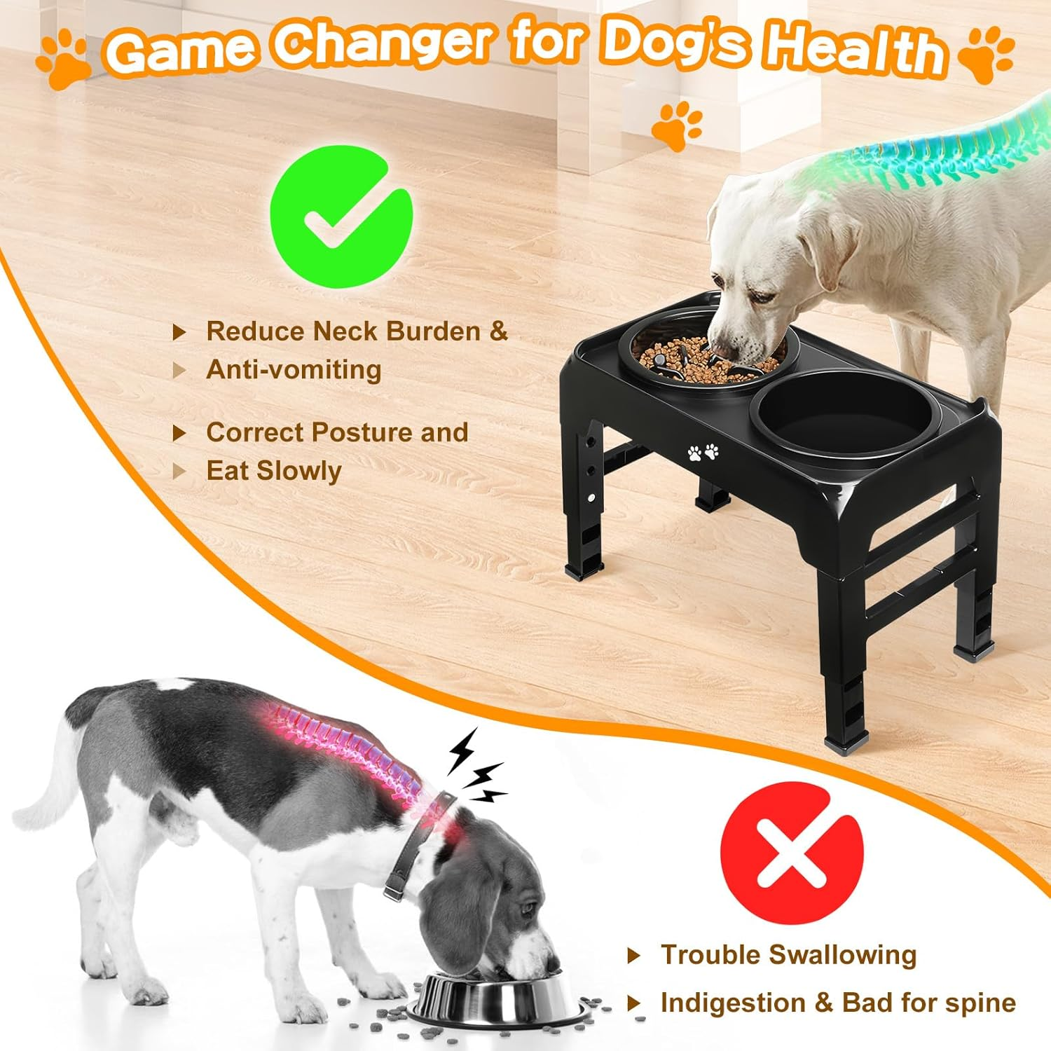 COMESOON 2-In-1 Elevated Dog Bowls Slow Feeder for Large Breed Medium Sized Dogs, 4 Height Adjustable Raised Dog Bowl Stand for Food and Water, Non-Slip Dog Feeder, Black - Grey image number 4
