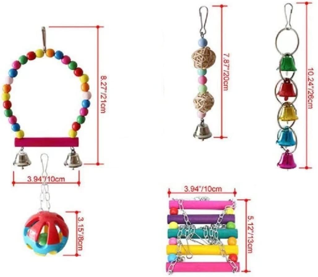 5Pc Bird Toys, Parrot Swing Set: Hanging Bells, Bell Balls, Rattan Ornaments, Wooden Ladder Swings for Cockatiels, Macaws, Finches (Random Color) image number 4