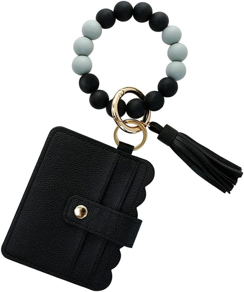 Silicone Beaded Bracelet Leather Keychain Wallet ID Card Holder Keyring Wristlet Bracelet Key Ring Chain Tassel Purse Women Girls Black image number 2