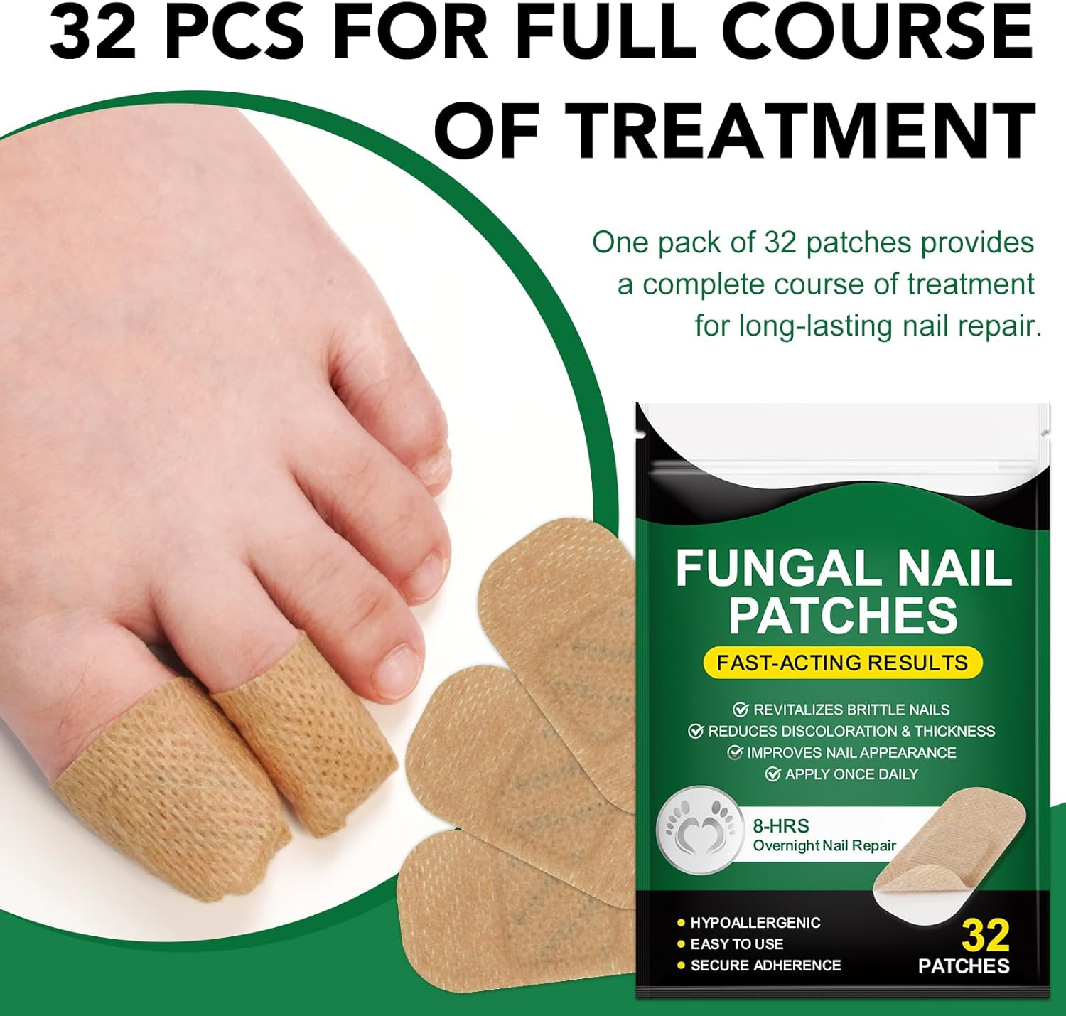 Furnrubden Fungal Nail Treatment Patches 32-Pack, 8-Hour Overnight Repair, Hypoallergenic Adhesive for Thick and Discoloured Nails image number 4