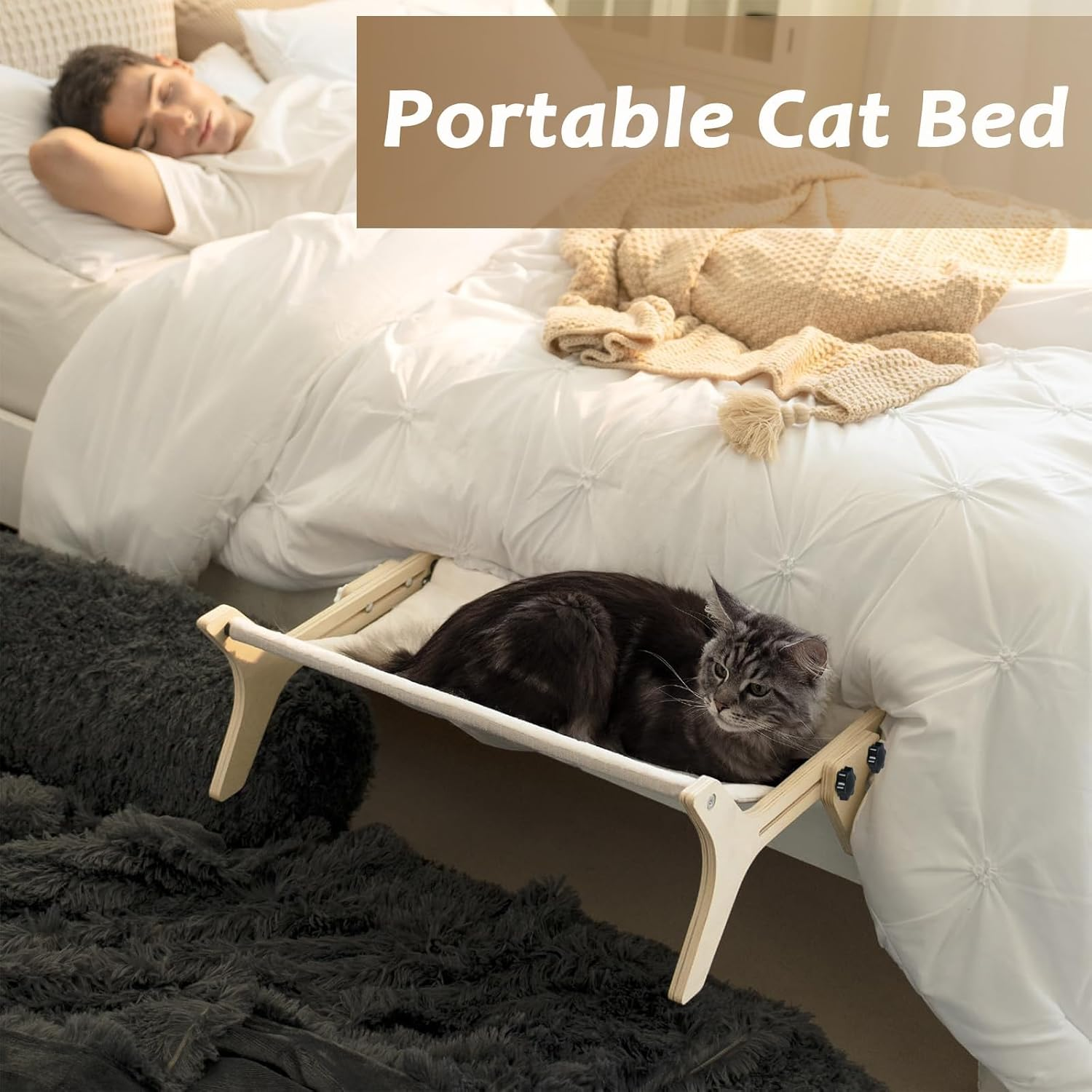 Cat Sill Window Perch Hammock Window Seat with Cushion Bed Cover, Wood & Metal Frame for Large Cats, Easy to Adjust Cat Bed for Windowsill, Bedside, Drawer and Cabinet image number 1