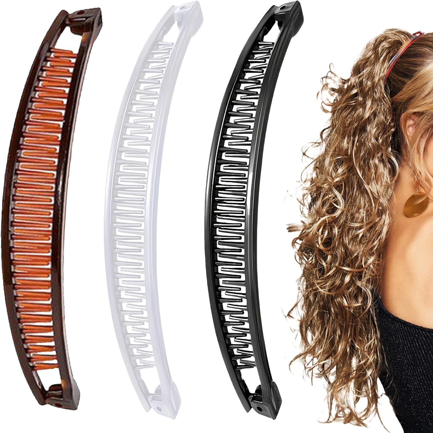 Pack of 3 Banana Clips, Banana Hair Clips, Banana Hair Clips, Banana Clip Hair for Women and Girls (Black, White, Brown) image number 3