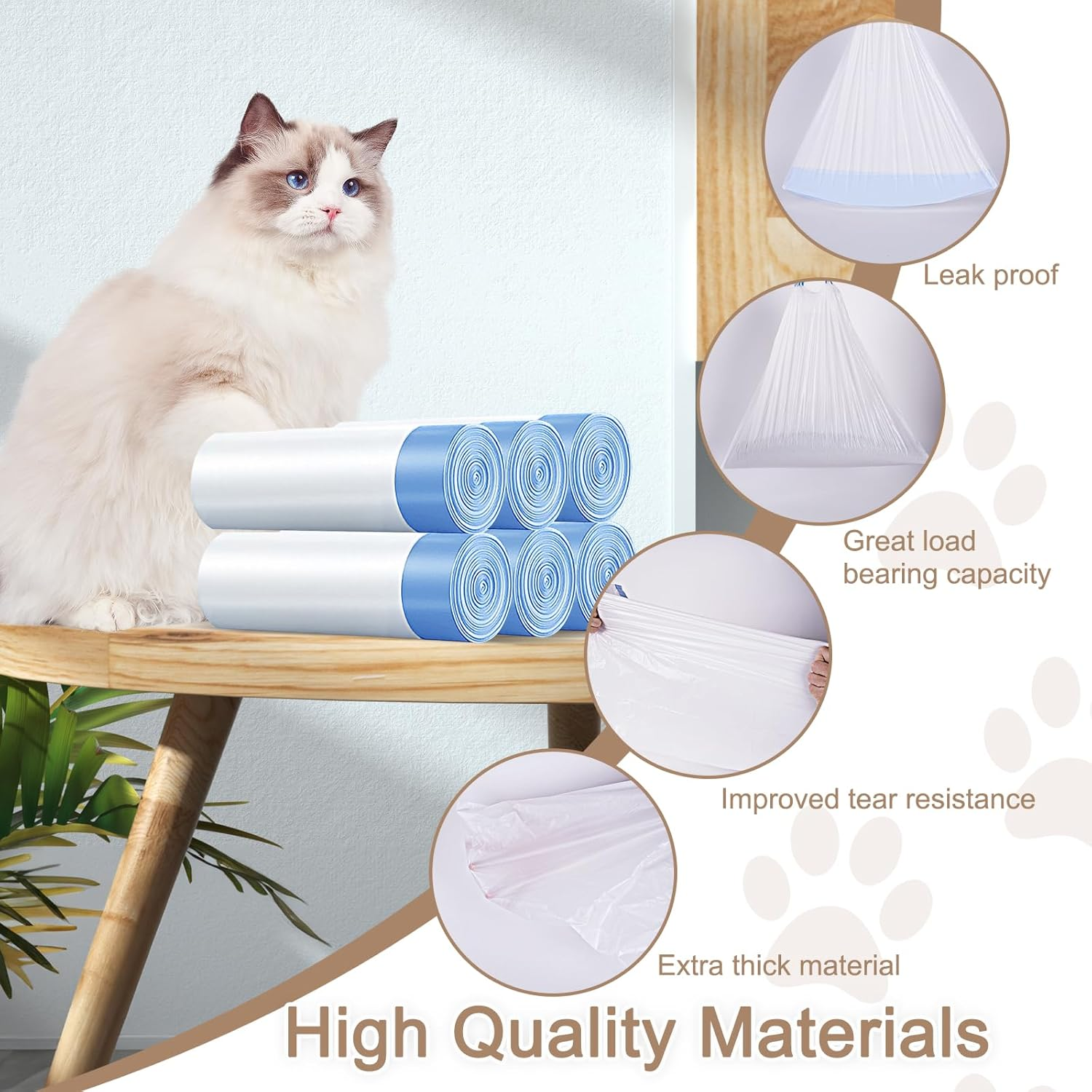 Tafoyu Cat Litter Box Bags with Drawstrings, Bin Bags with Carry Handle, Self-Cleaning Cat Litter Box, Rubbish Bags, Scratch-Resistant for Pets, Cats, Dogs, Poop Cat Litter, 6 Rolls/90 Pieces image number 2