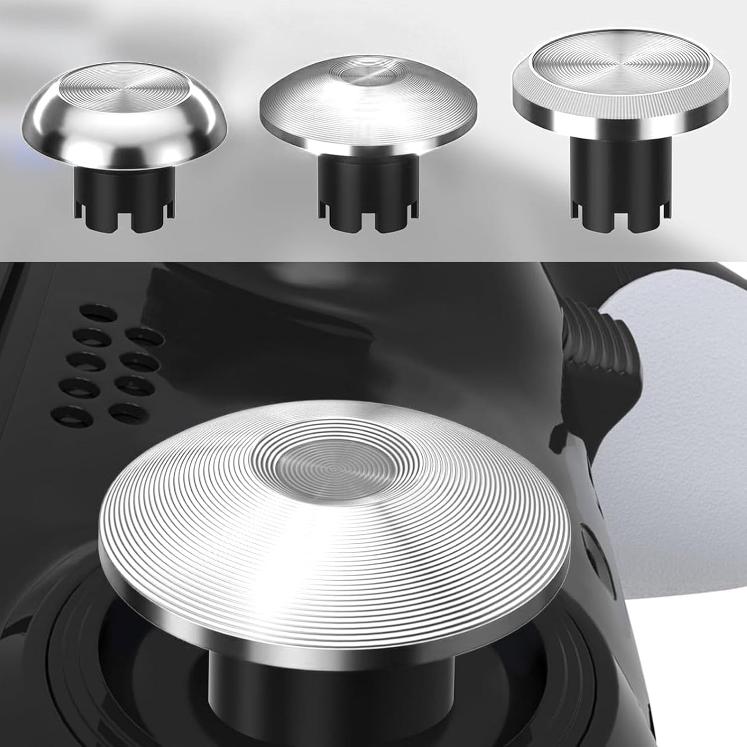 Stick Caps for PS5 Pro Elite, Aluminum Alloy Analog Thumbsticks Joystick Accessories with Textures for Edge Controller, Different Height Shape, Plug and Play (Silver) - Black image number 3