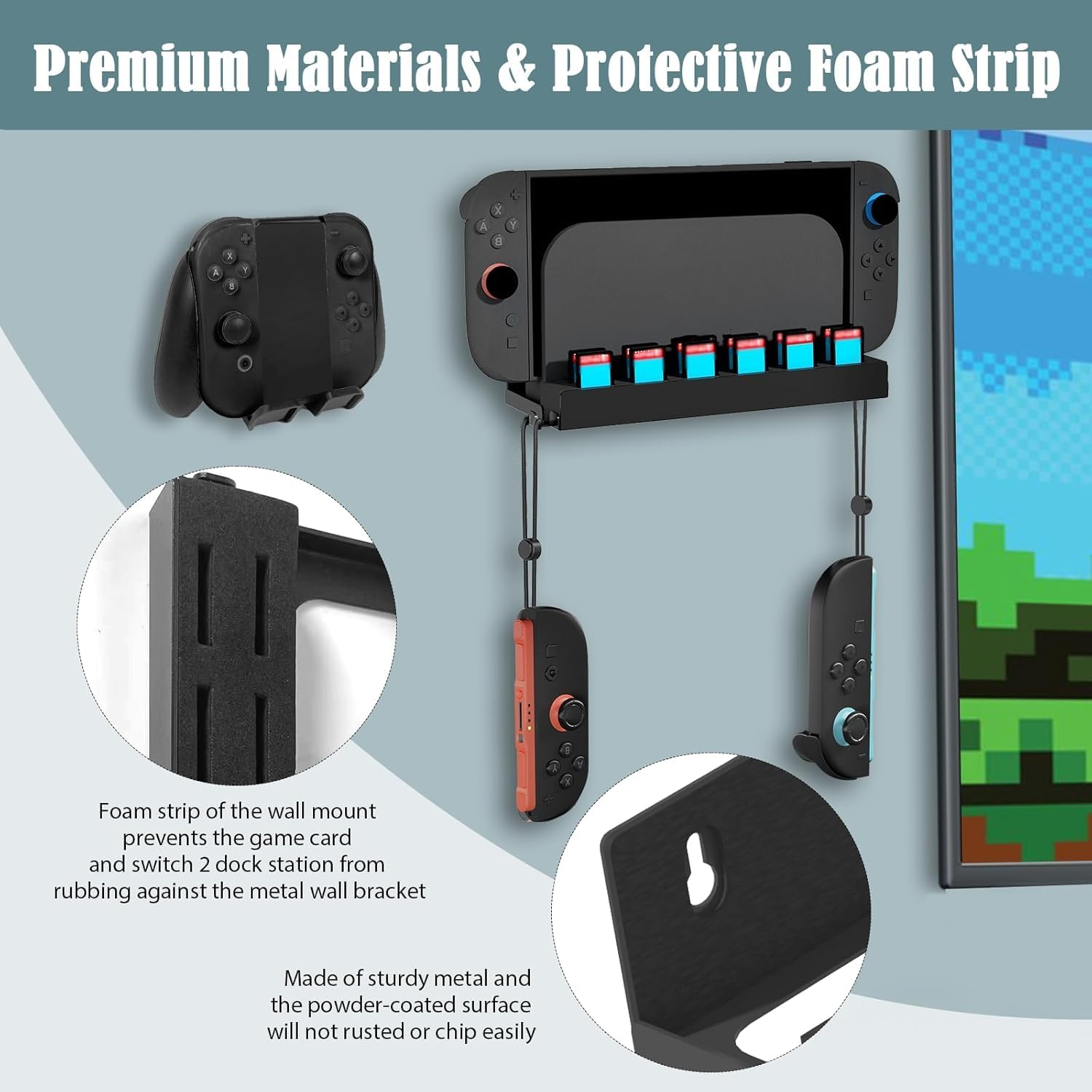 ZONEY Wall Mount Compatible with Nintendo Switch 2, Metal Switch 2 Wall Mount Kit with Controller Holder, 12 Game Card Holders and 2 Joy Con Brackets, Safely Store Switch 2 behind or near Tv,Black image number 4