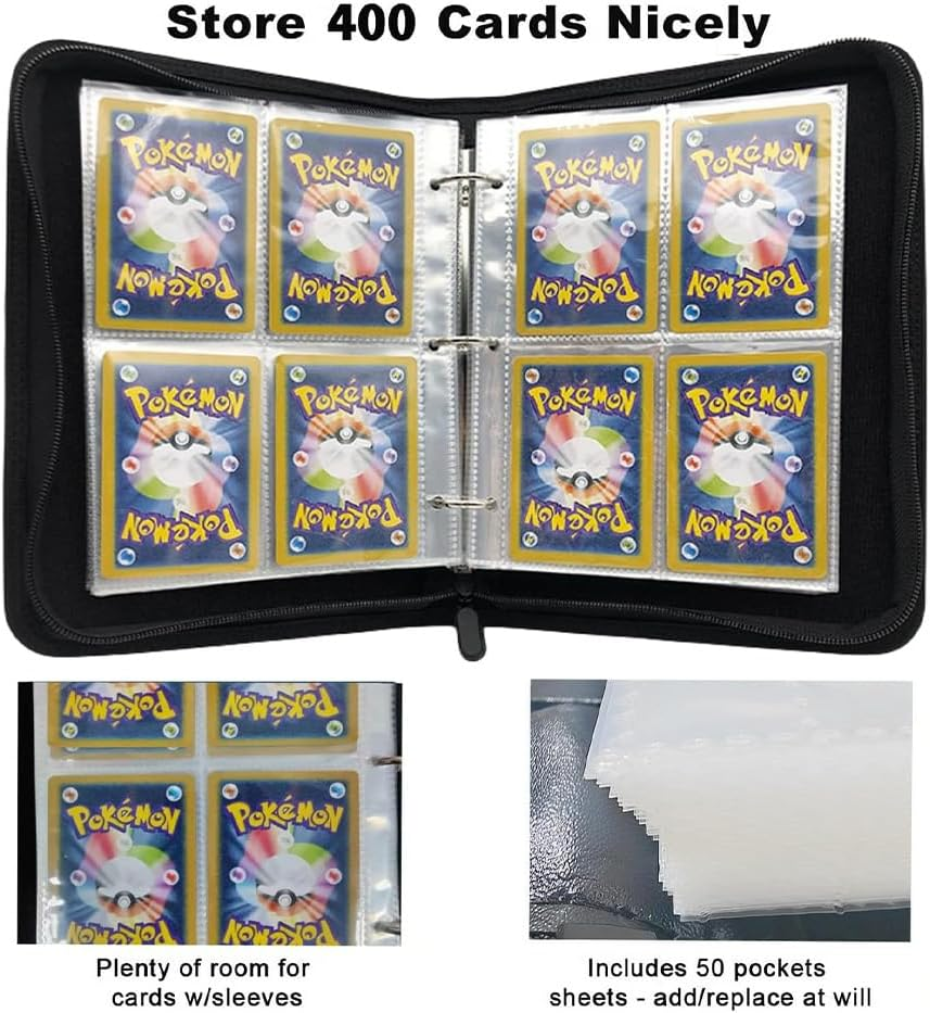 Betterlifewj 2Pcs Trading Card Binder with 4 Pockets, 400 Pocket Pocket Pocket Card Holder, Pocket Monster Card with Zipper, 50 Slide Card Holder (Black, Green) image number 4