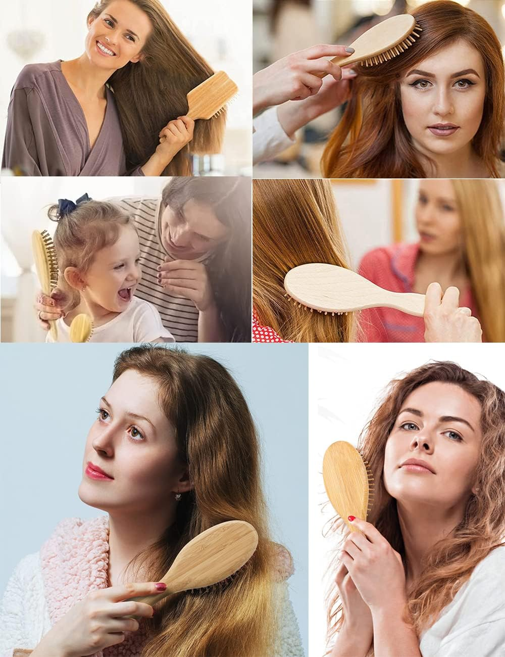 2 PCS Wooden Hair Brushes Combs with Air Cushion, Natural Wooden Hair Brushes for Scalp Massage Anti-Static, Hair Combs Set Bristle No Tangling Hairbrush for Straight Curly Wavy Hair (Rectangle+Oval)