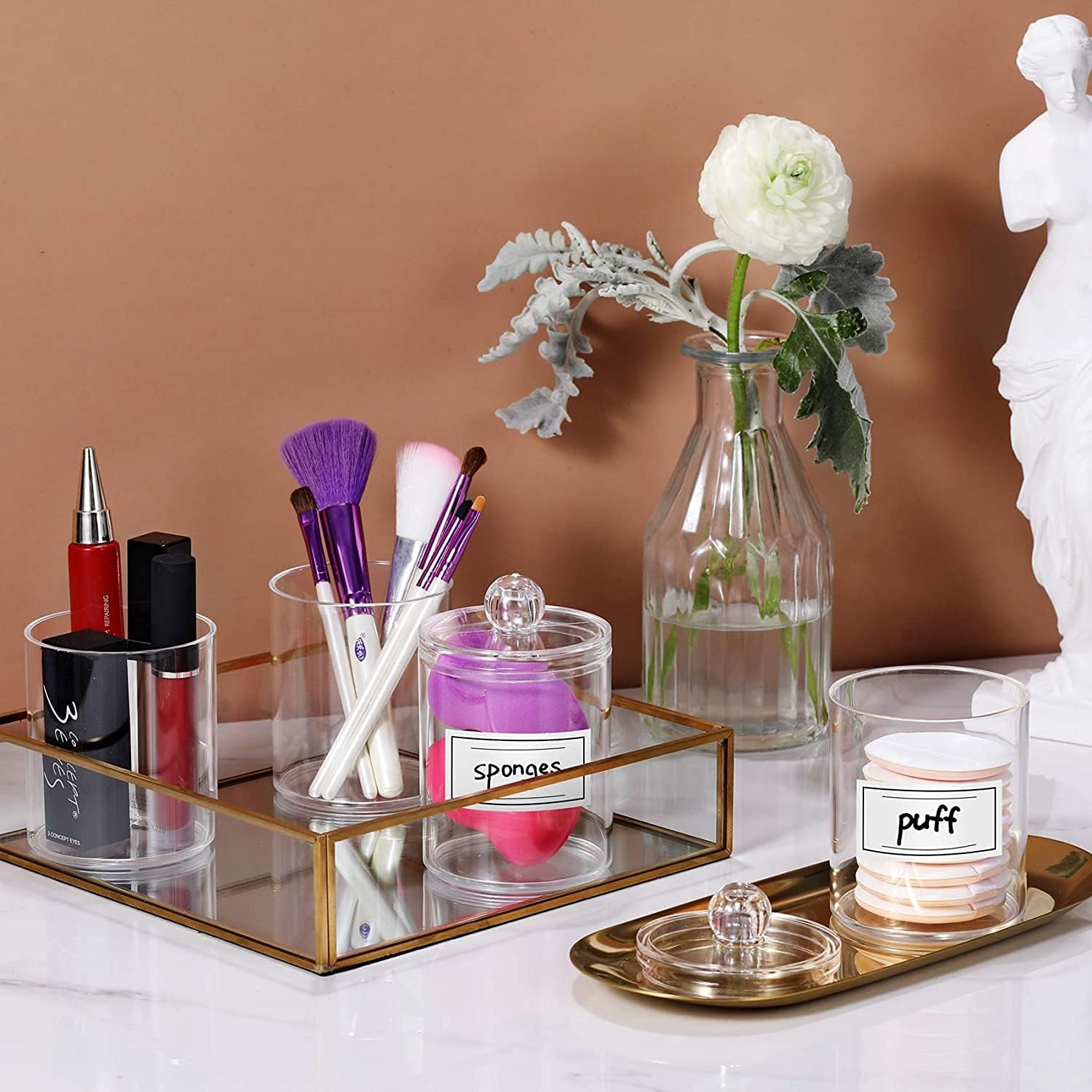 AOZITA 2 Pack Qtip Holder Dispenser for Cotton Ball, Cotton Swab, Cotton round Pads, Floss - 10 Oz Clear Plastic Apothecary Jar Set for Bathroom Canister Storage Organization, Vanity Makeup Organizer image number 2