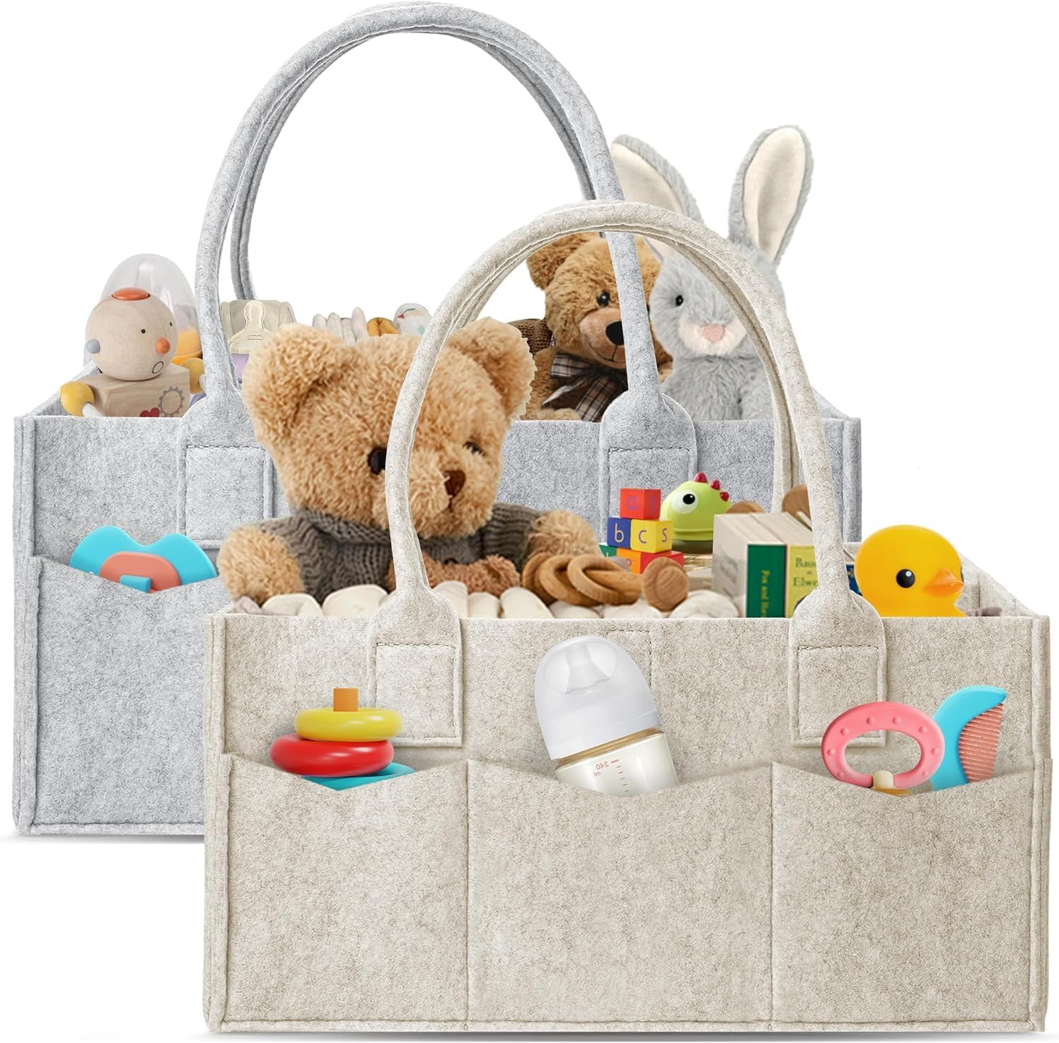 Diaper Caddy Organiser with Handle- 2-Pack Foldable Nursery Tote Storage Bin & Car Organiser for Diapers, Wipes, and Baby Essentials -Portable Car Travel Organizer Toys Storage Bag with Multi Pockets image number 2